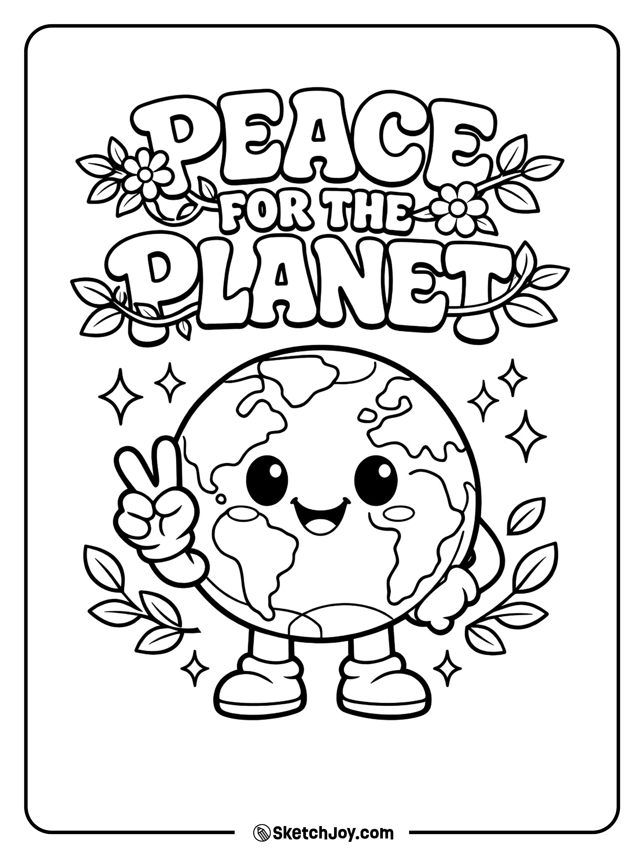 A happy Earth shows a peace sign with a kind smile.