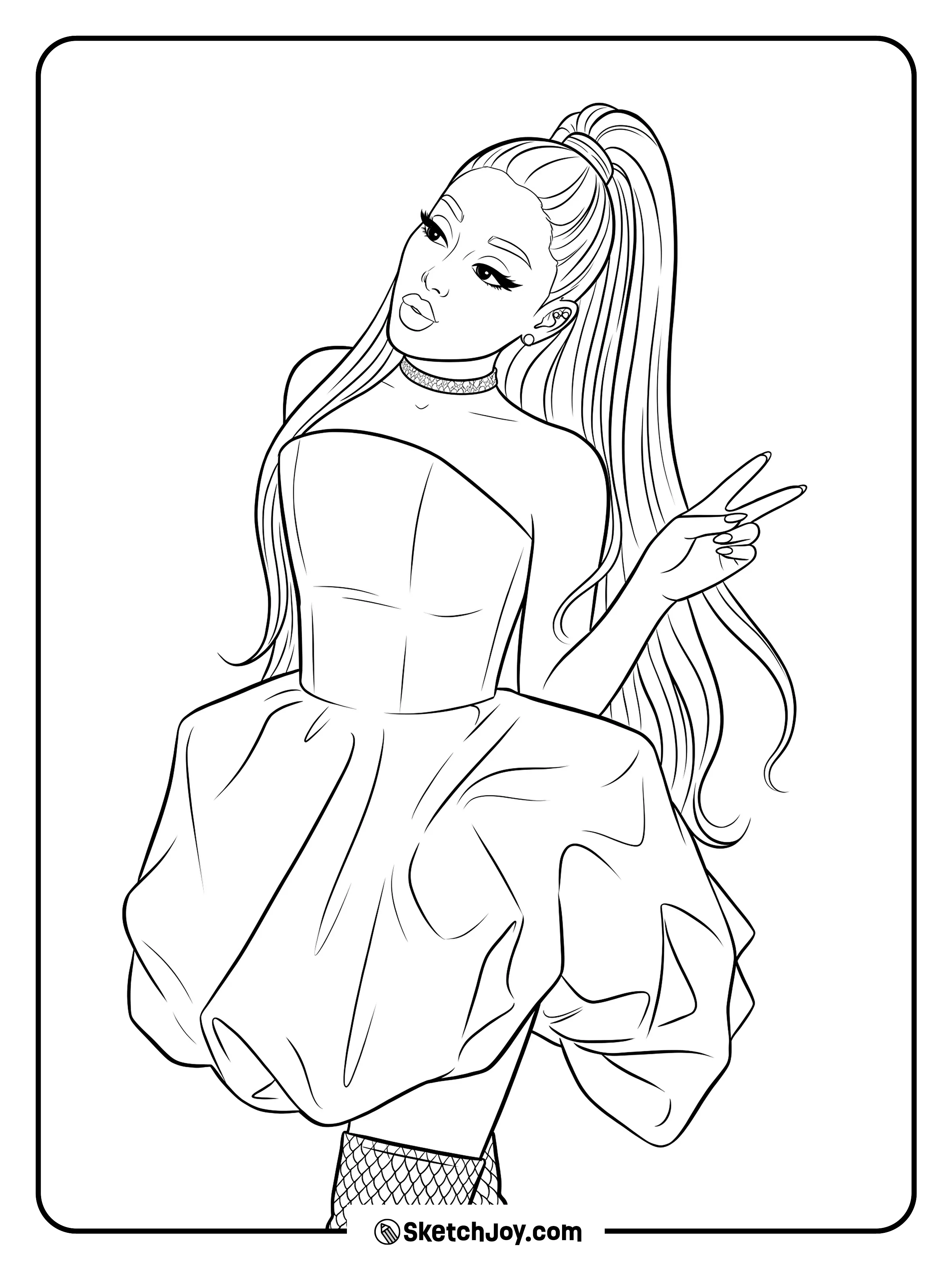 A stylish full-body pose with a peace sign and a high ponytail.