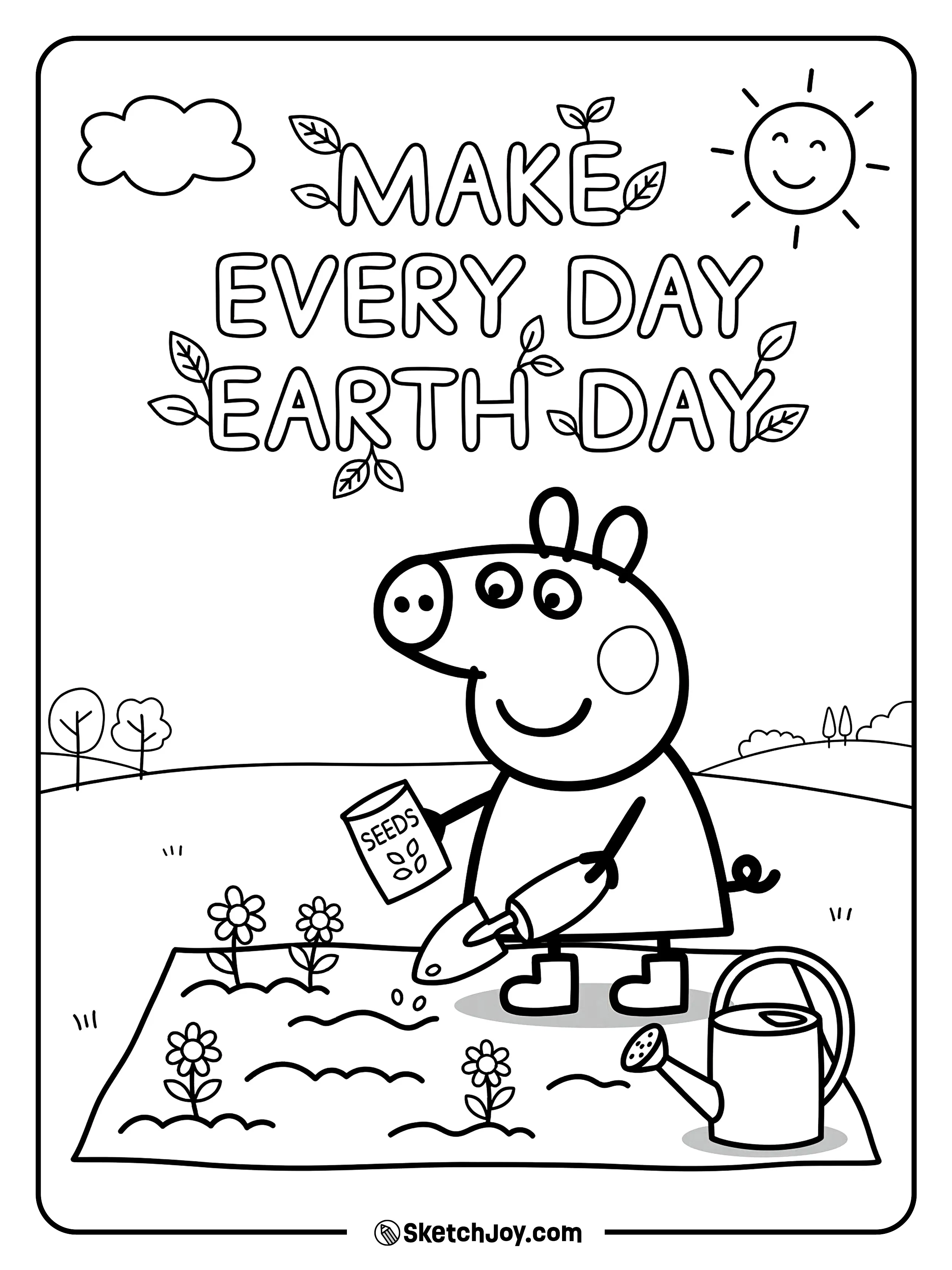 Peppa Pig enjoys planting in a simple spring garden.