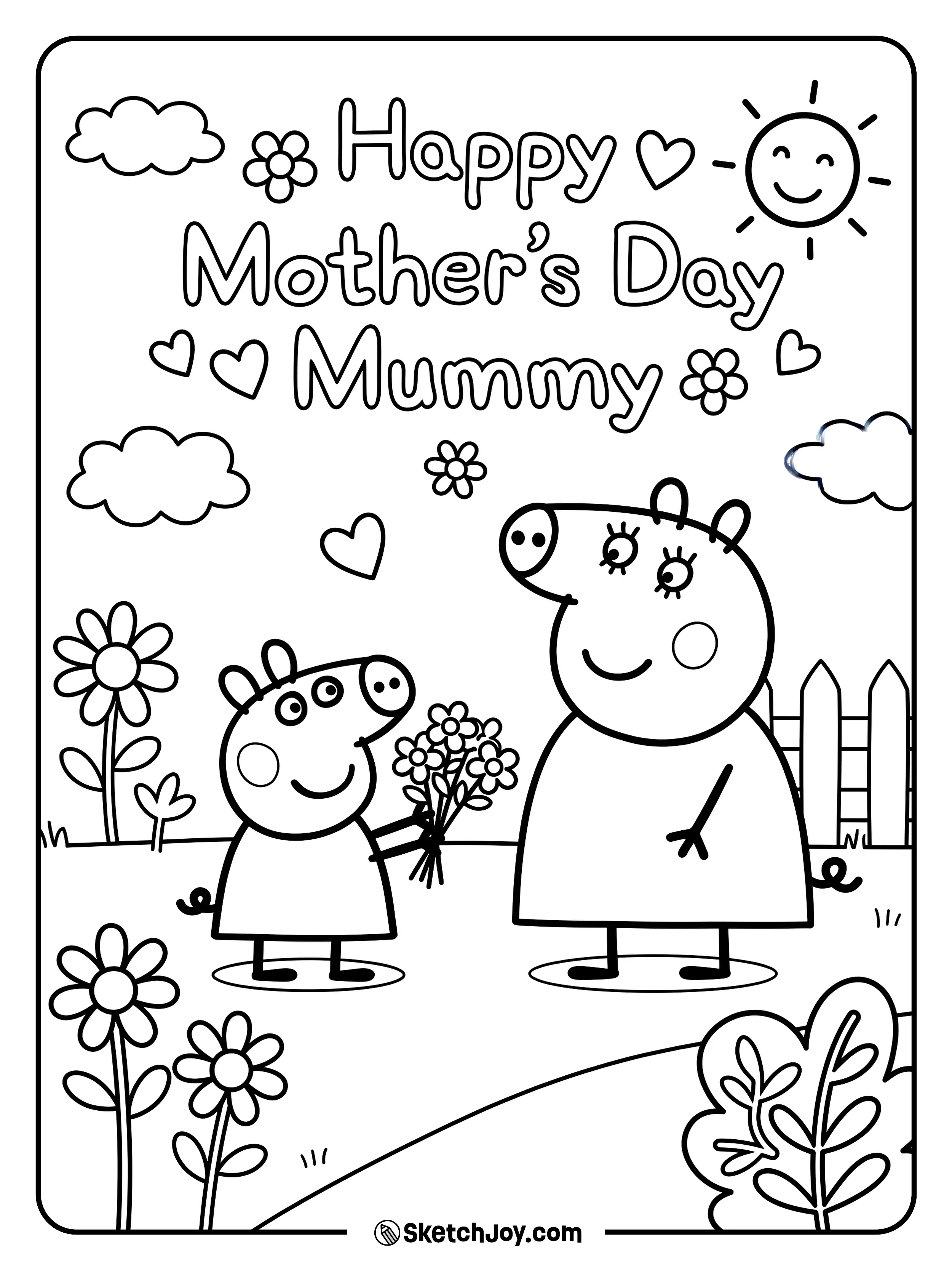 Peppa Pig gives flowers to Mummy Pig on Mother’s Day.