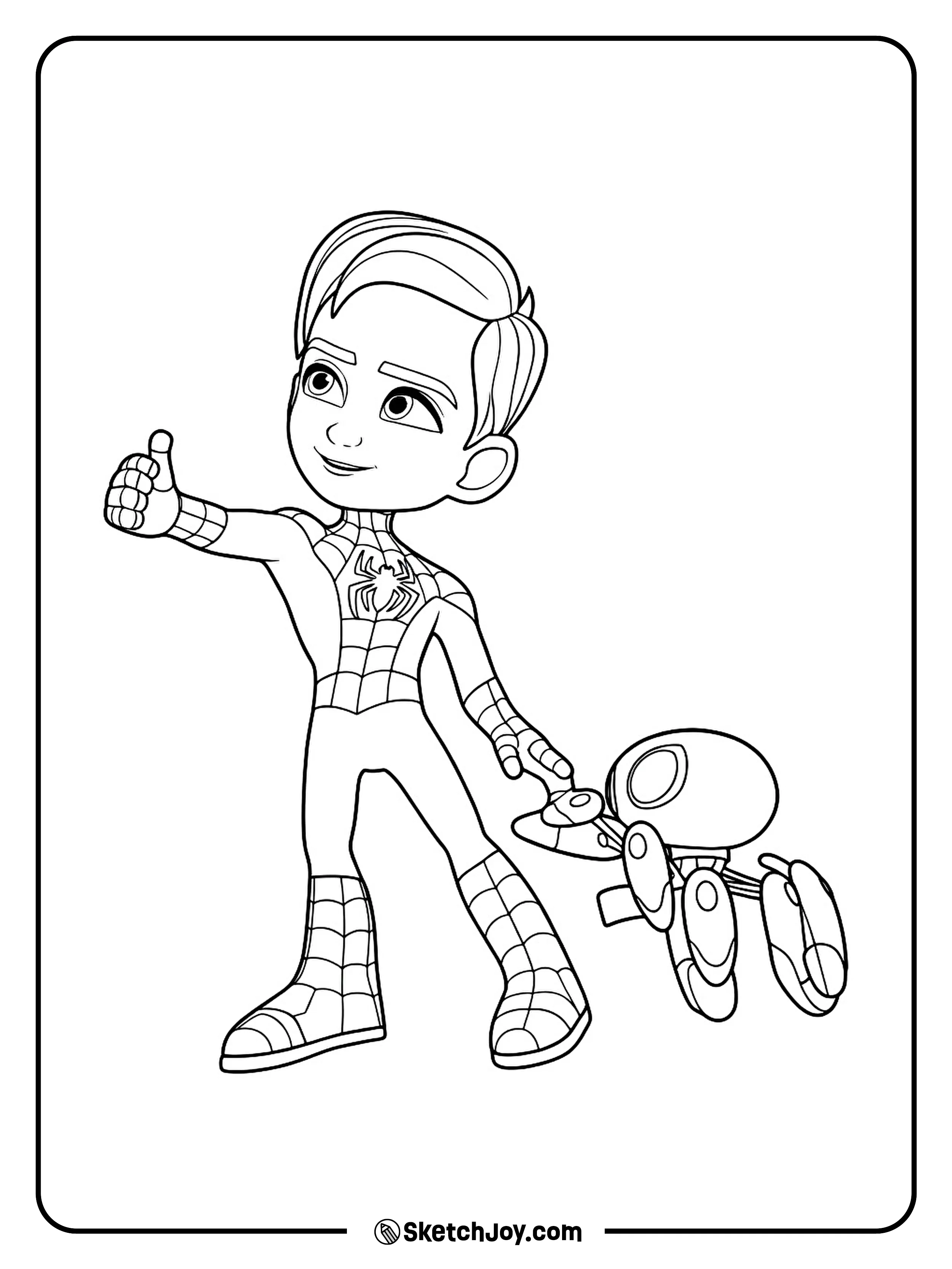 Peter gives a thumbs-up while TRACE-E stands beside him.