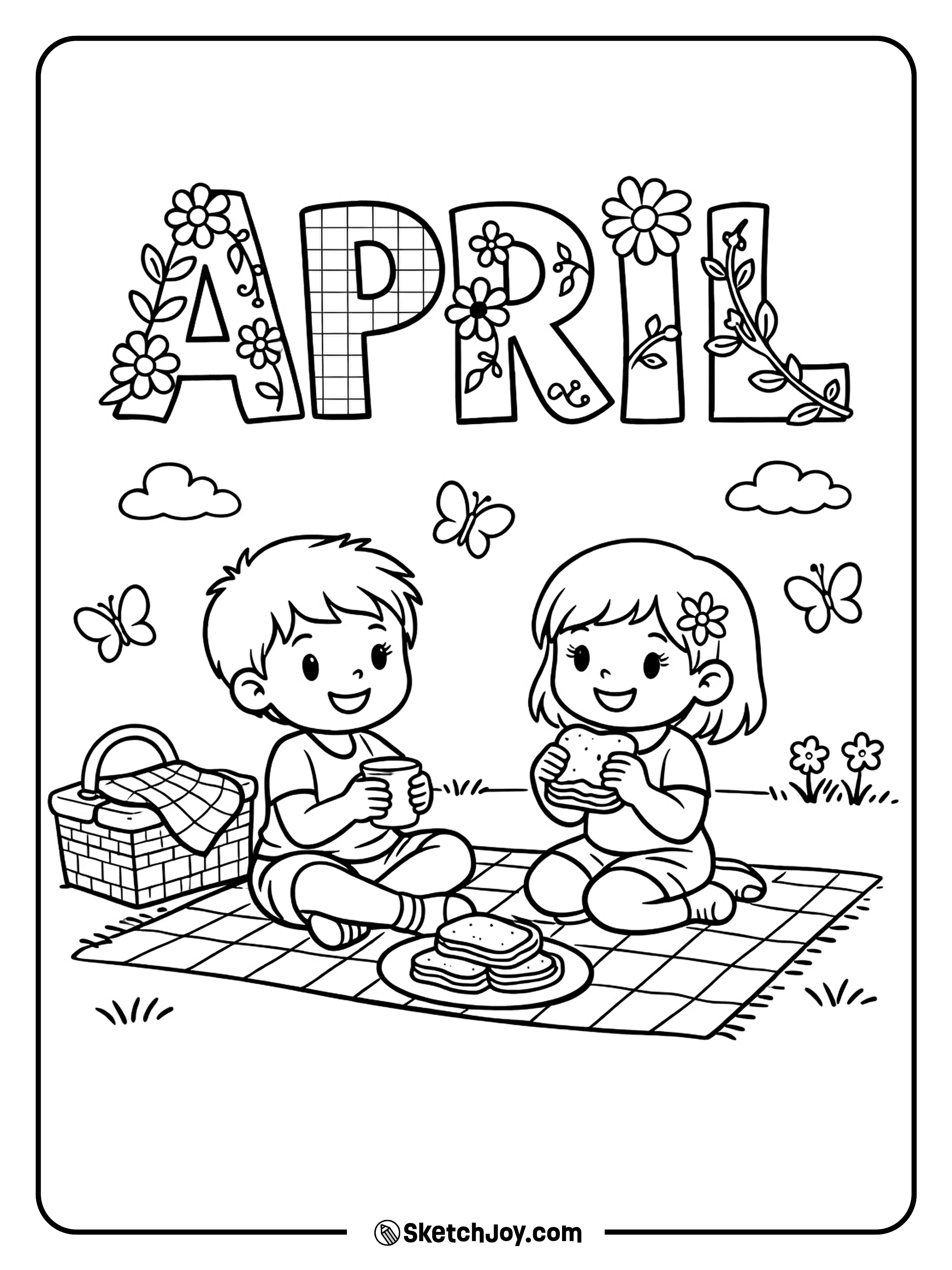 Two kids enjoy a spring picnic with flowers and butterflies nearby.