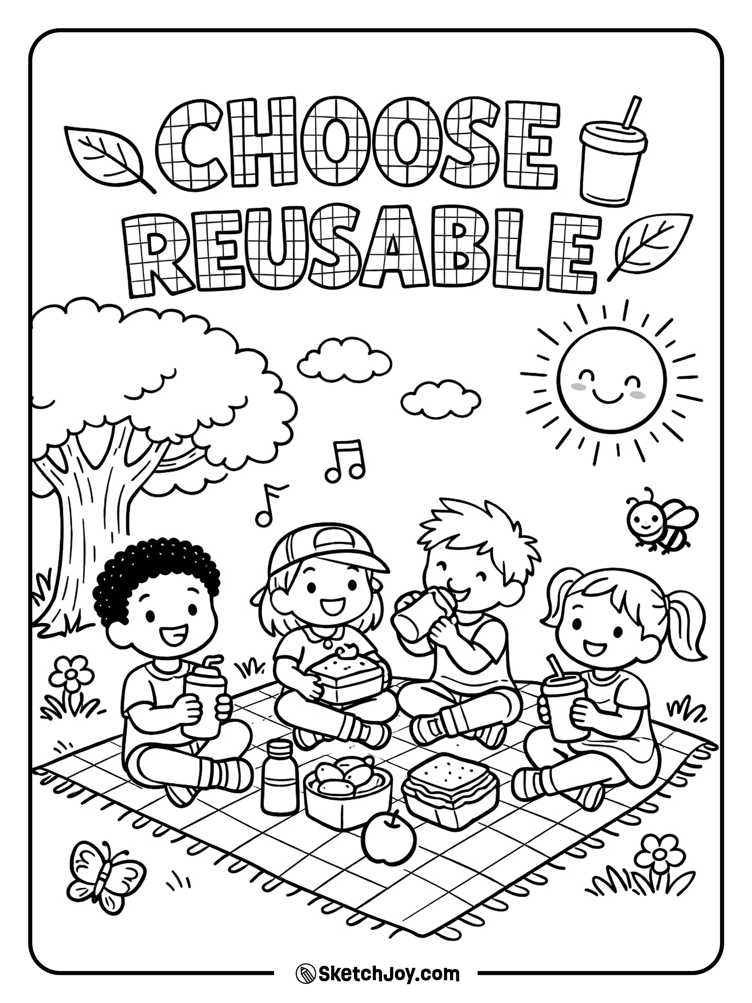 Friends enjoy a picnic with reusable cups and food boxes.