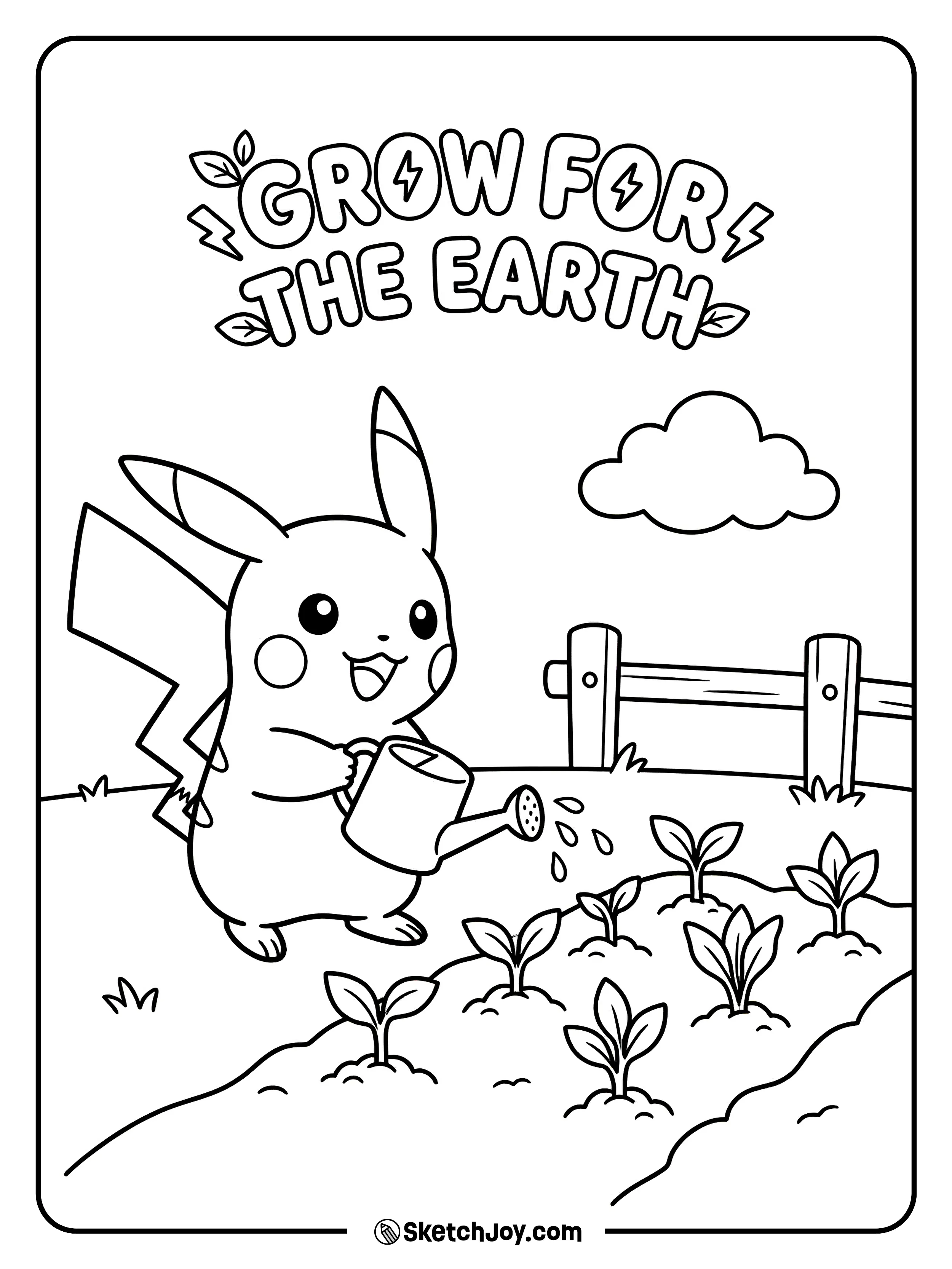 Pikachu waters a small garden full of happy sprouts.