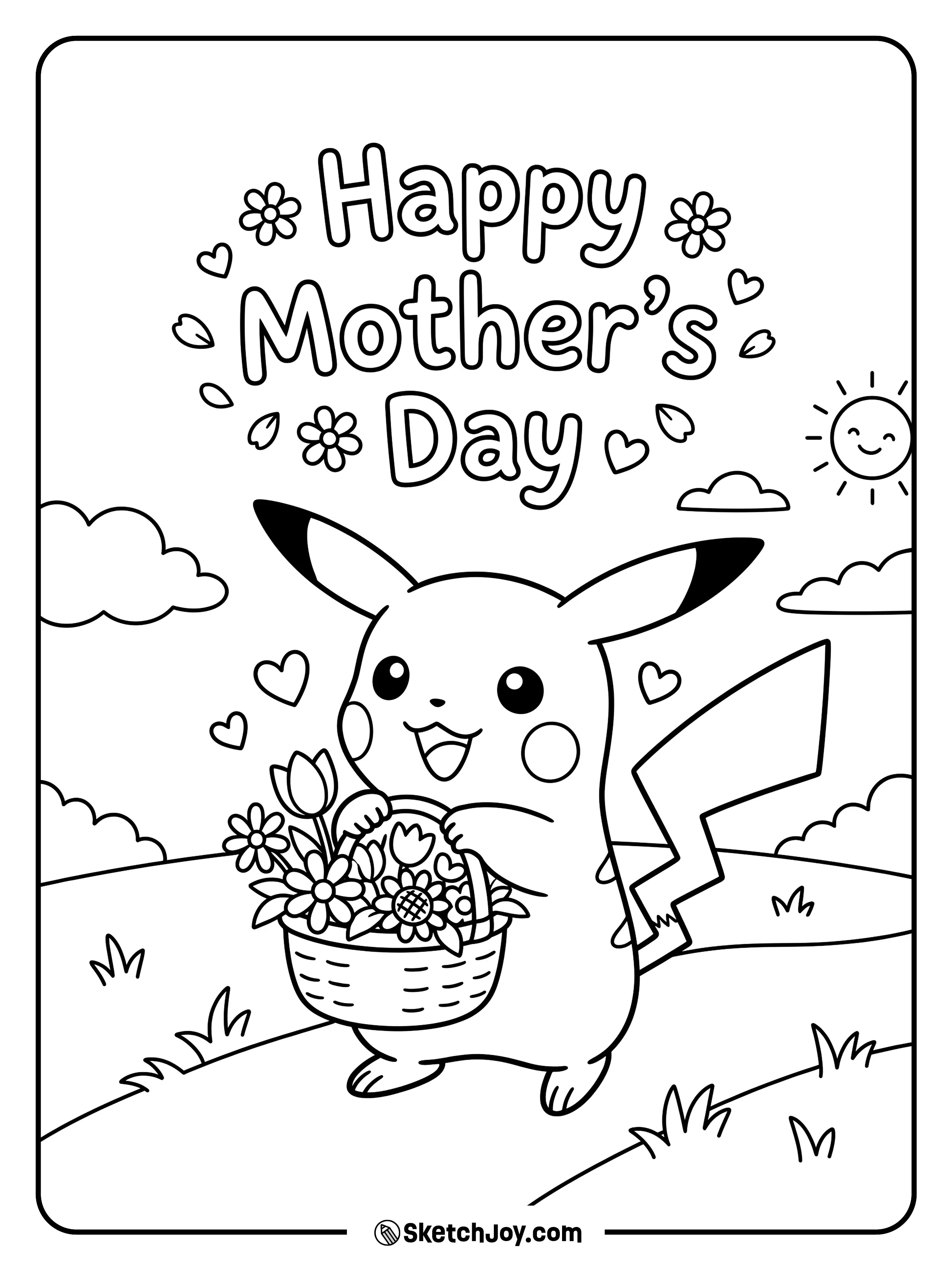 Pikachu carries a flower basket for a happy Mother’s Day.