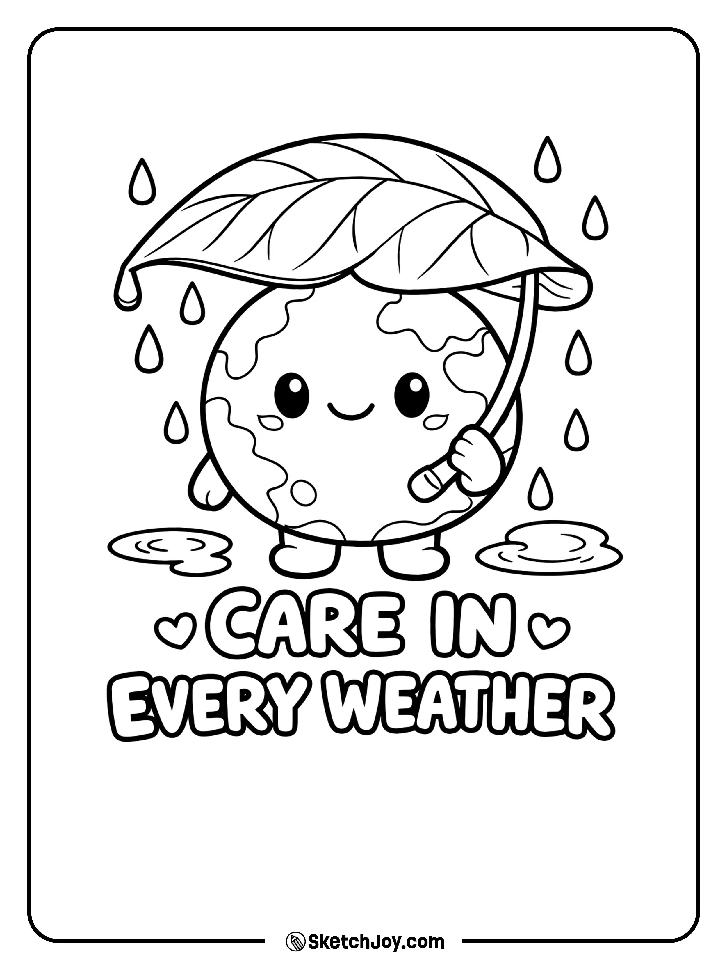 A cute Earth holds a leaf umbrella and smiles in the rain.