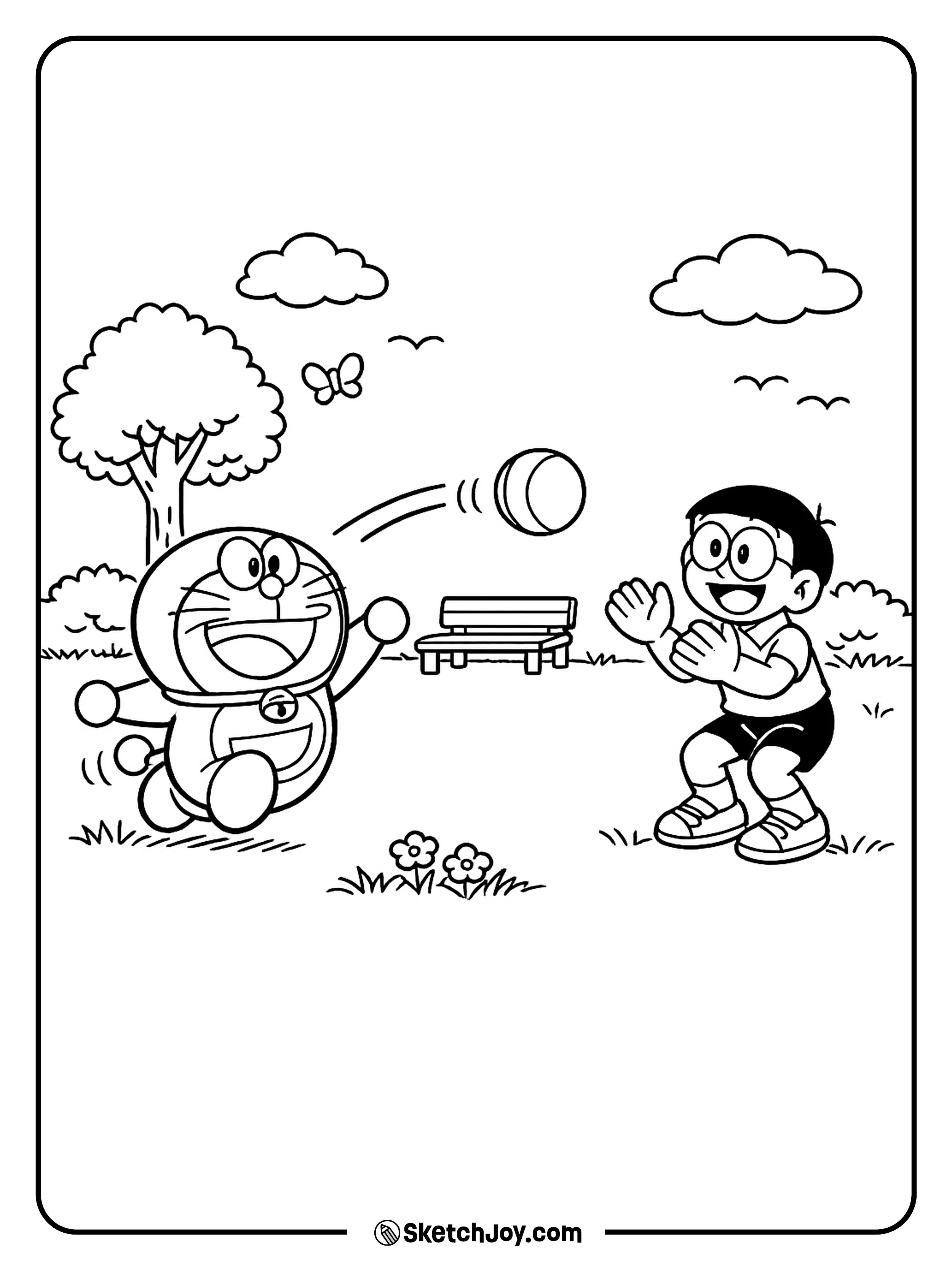 Doraemon and Nobita have fun with a ball in an open park.