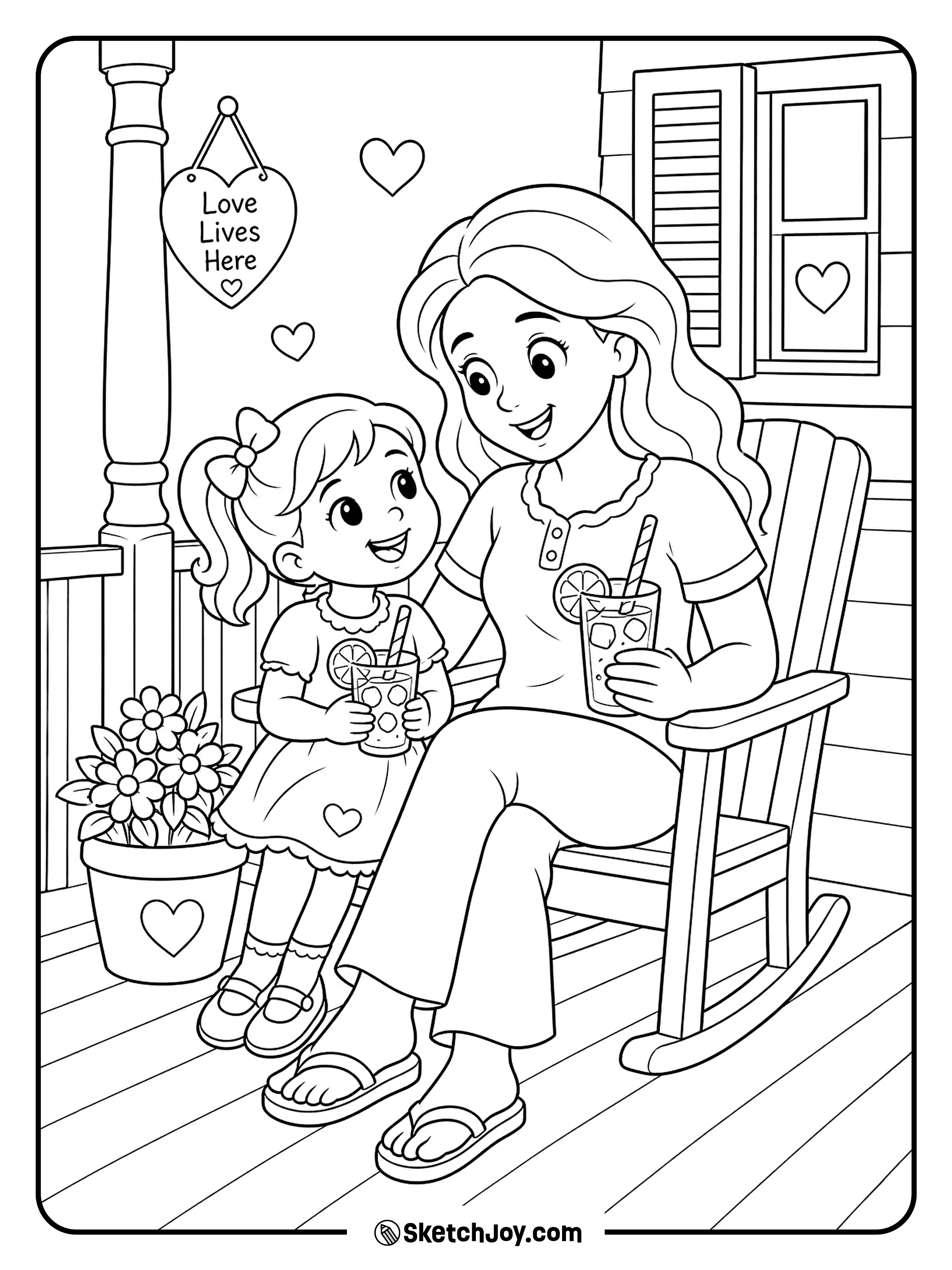 Mom and child enjoy lemonade on a quiet porch.