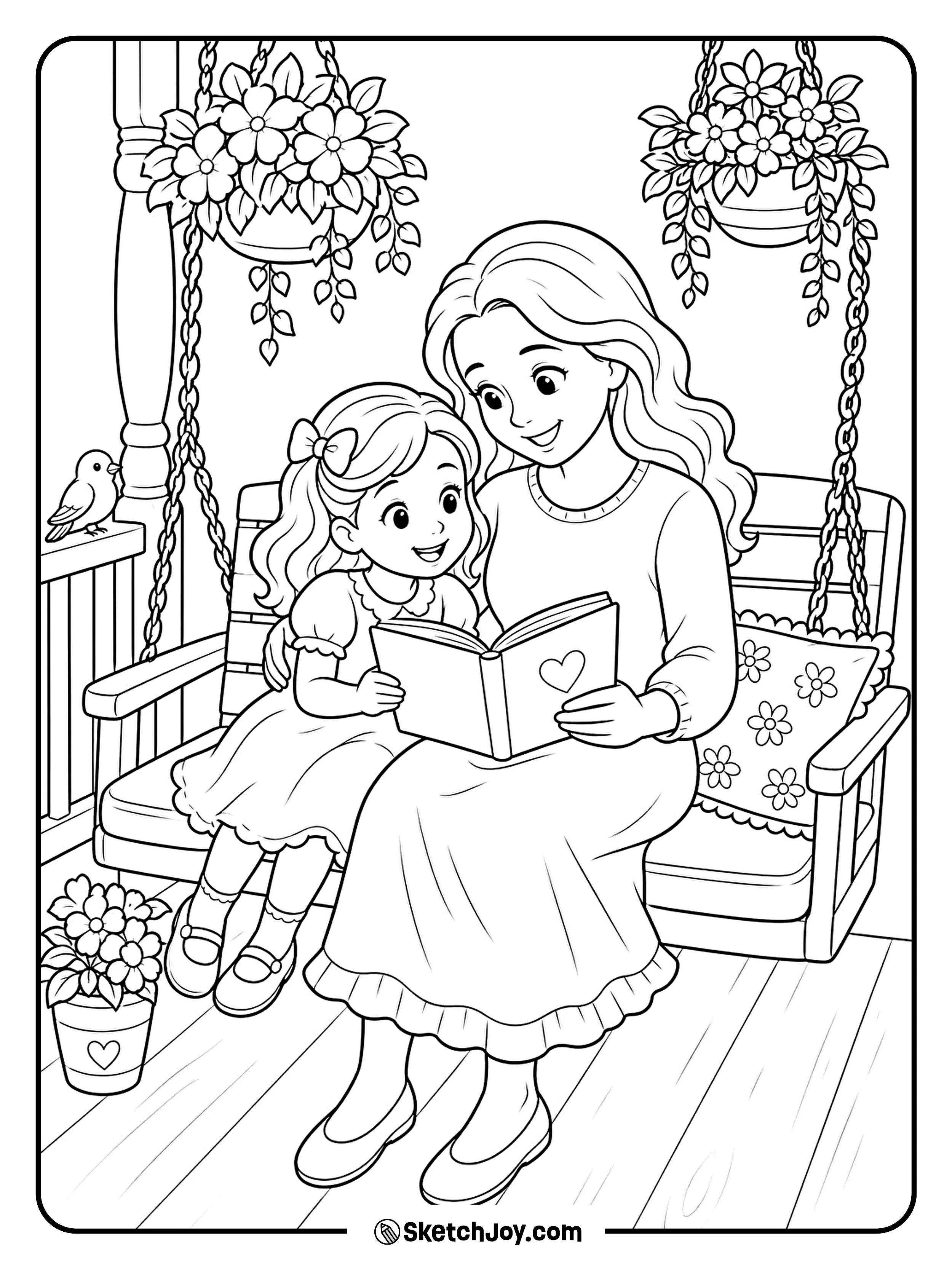 Mom and child sit together on a porch swing with calm smiles.