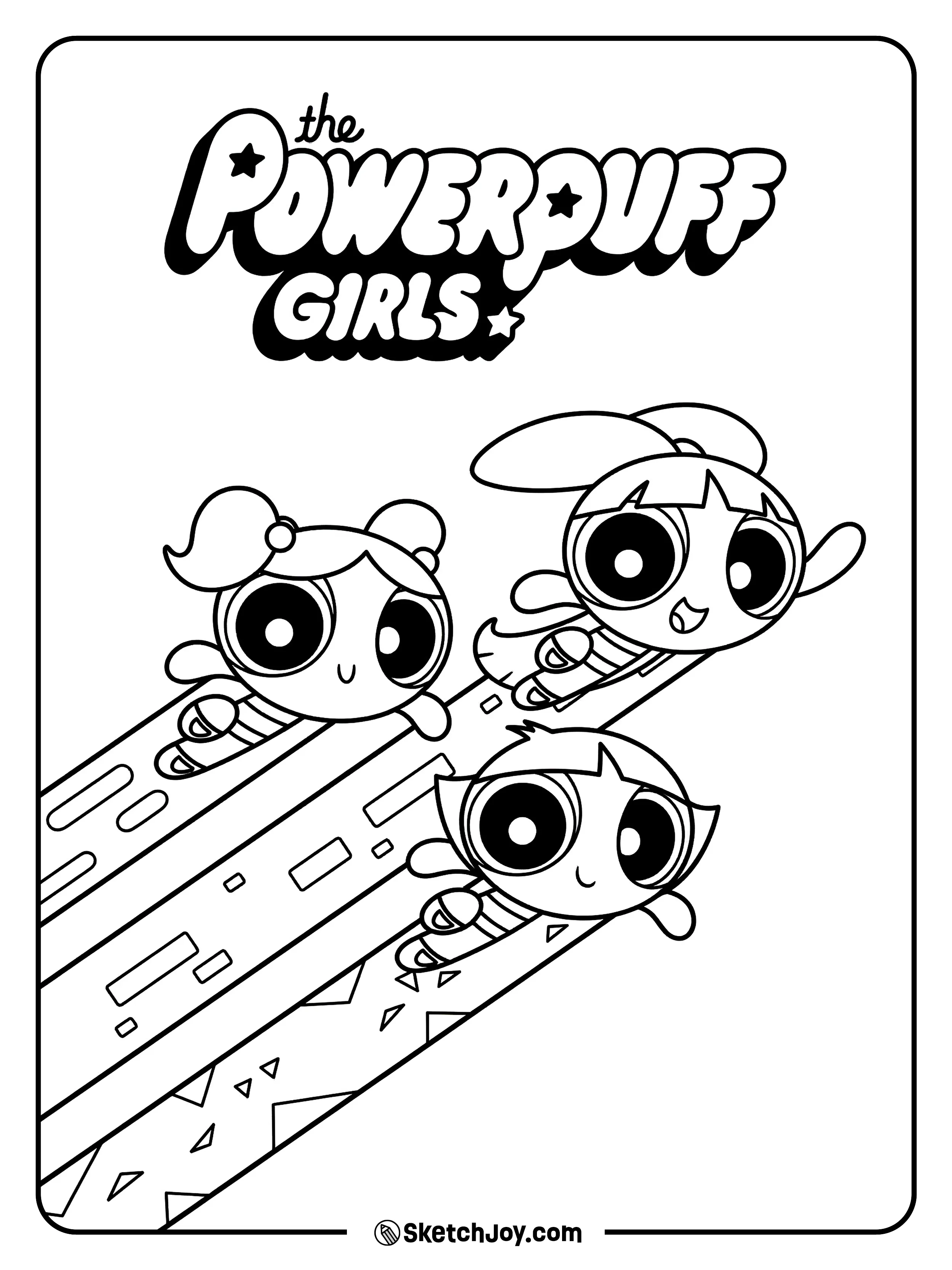 Blossom, Bubbles, and Buttercup zoom through the sky together.