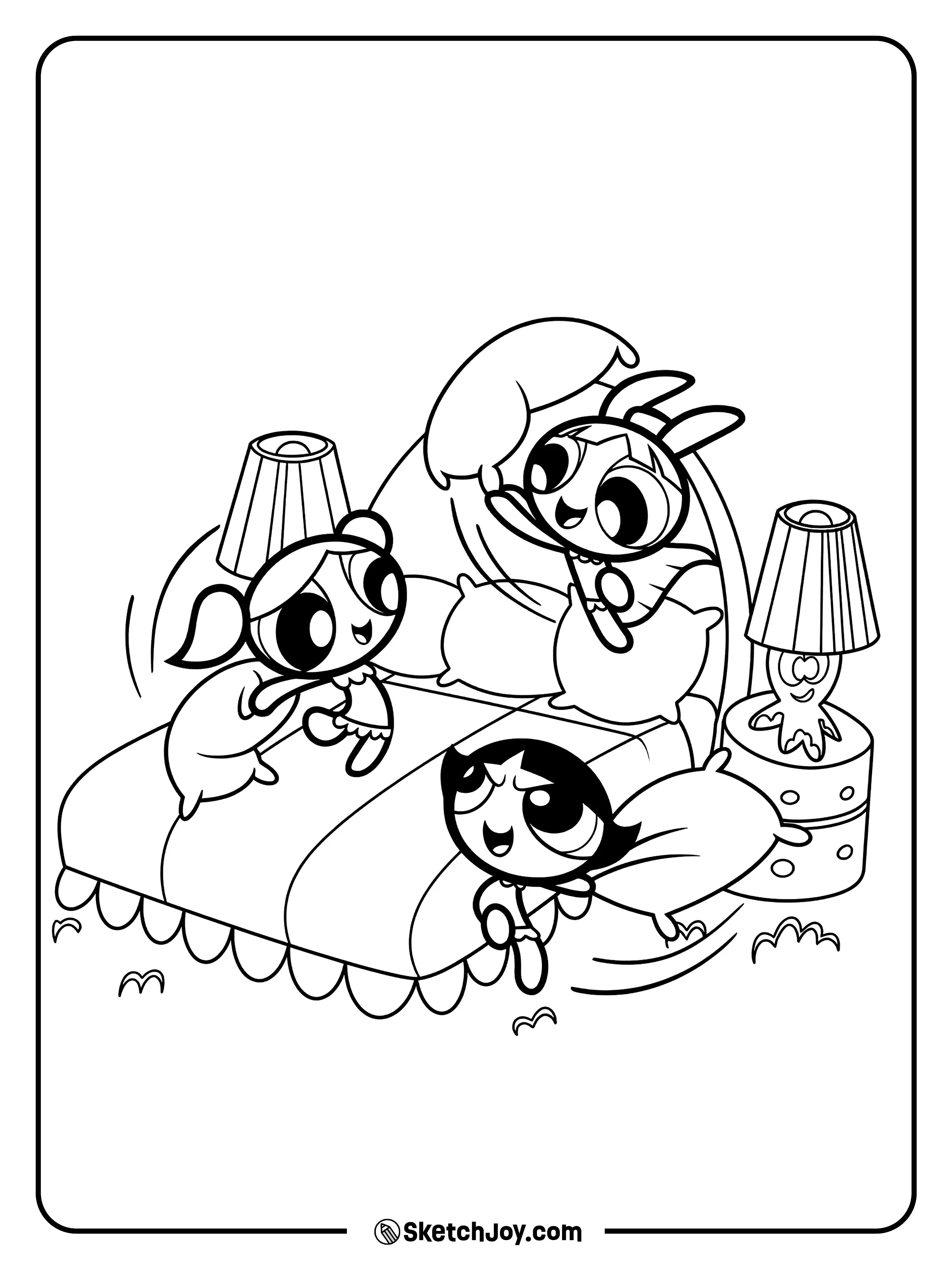 The girls bounce on the bed during a happy pillow fight.