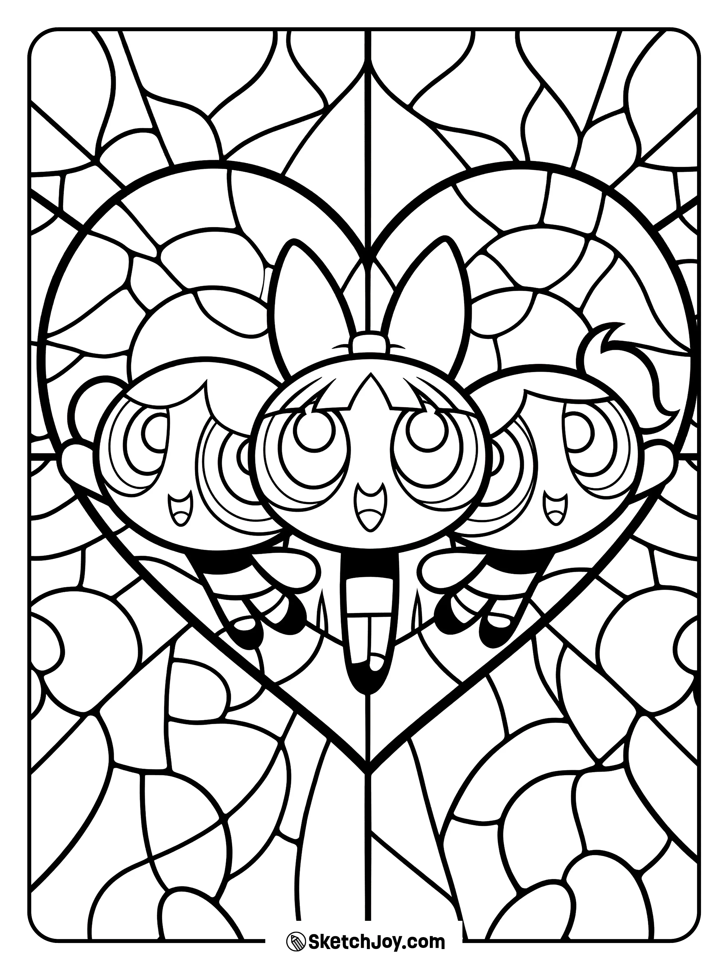 Blossom, Bubbles, and Buttercup appear in a bold glass art design.