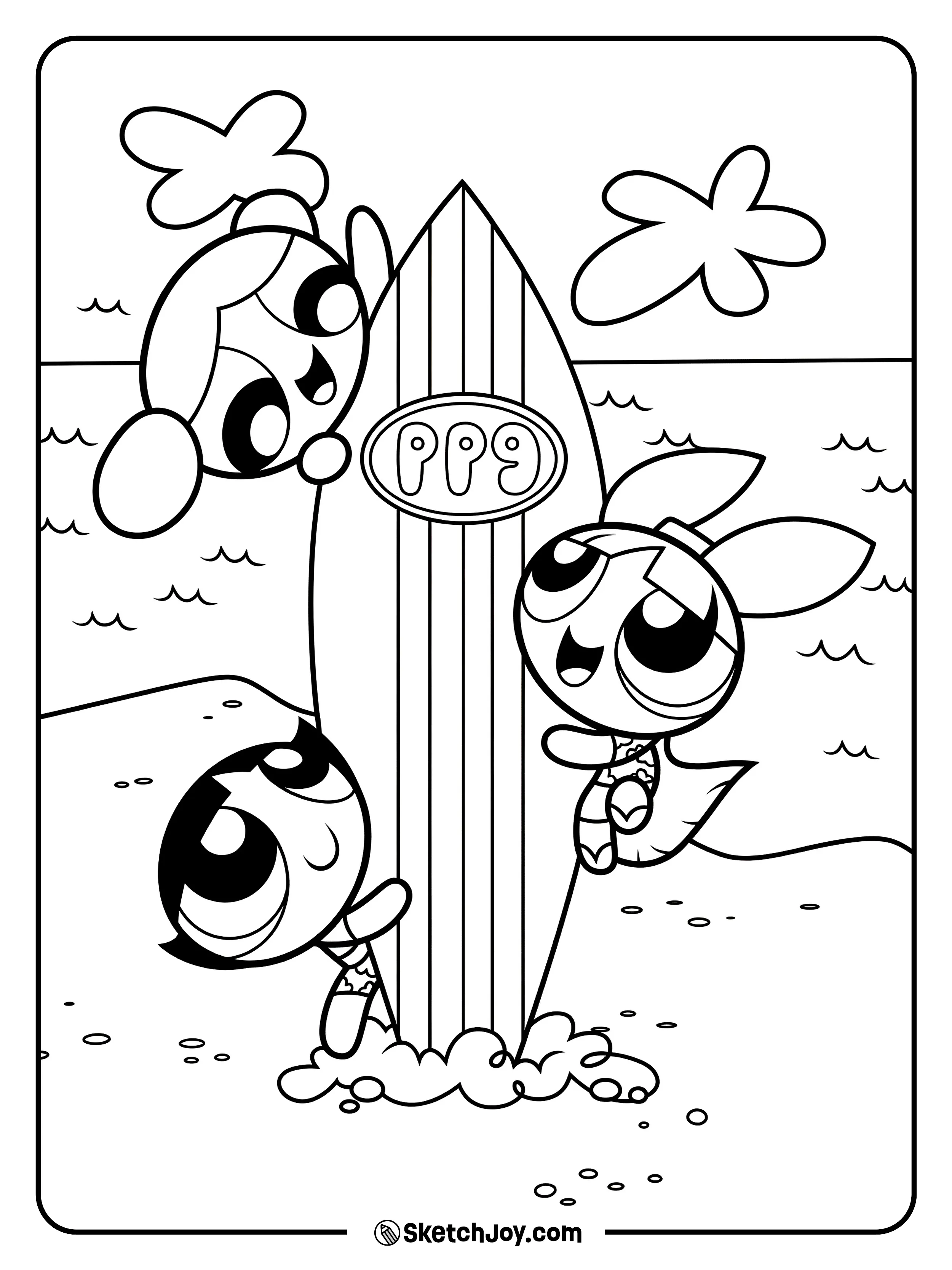 The girls smile around a tall surfboard by the sea.