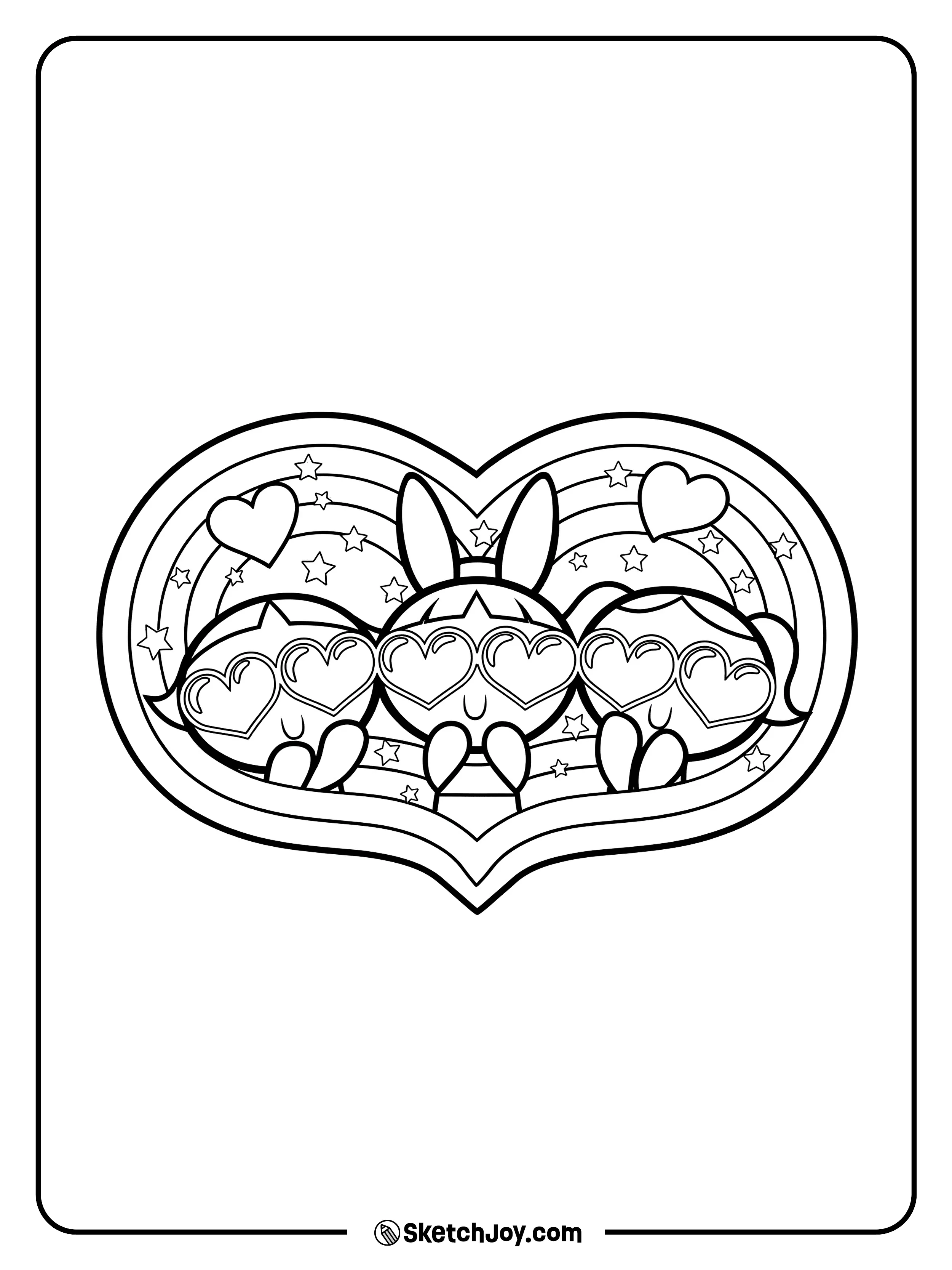 The trio sits inside a heart frame with cute glasses on.