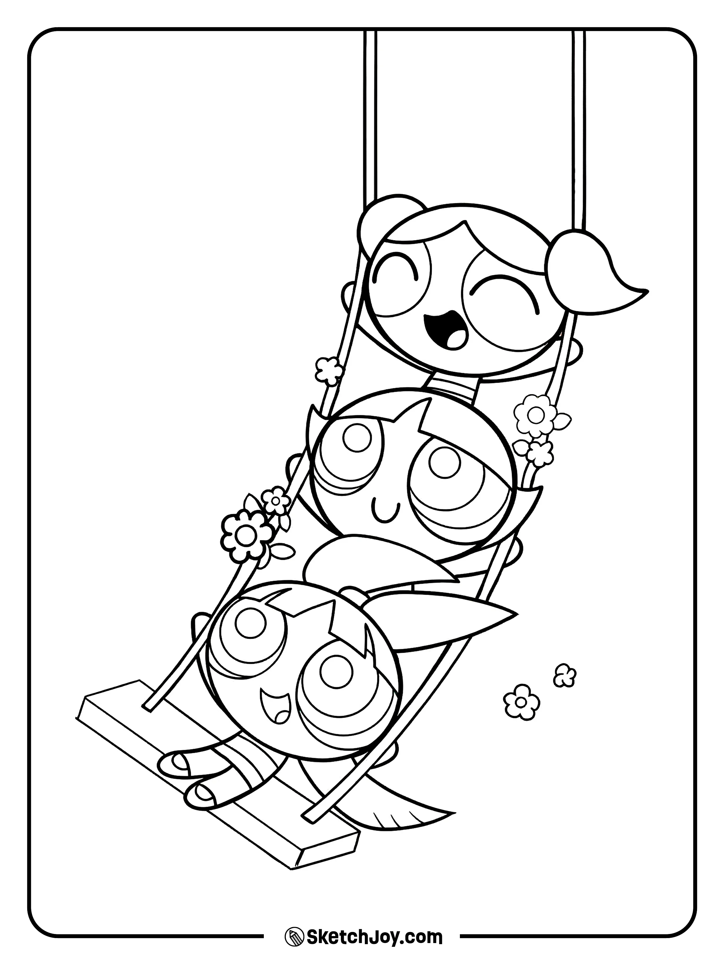 The girls share a big swing wrapped with flowers.
