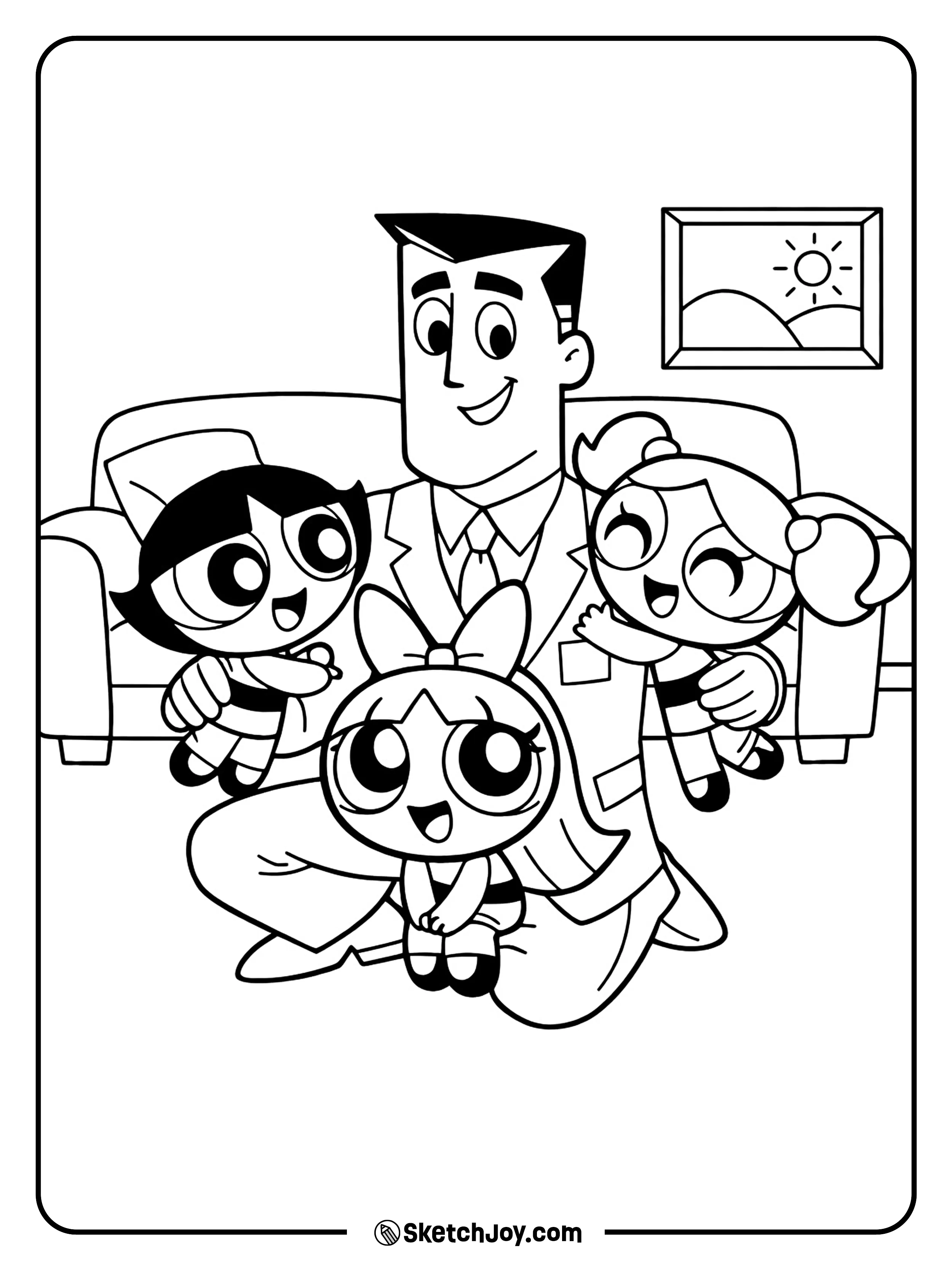 The Professor stands proudly with Blossom, Bubbles, and Buttercup.