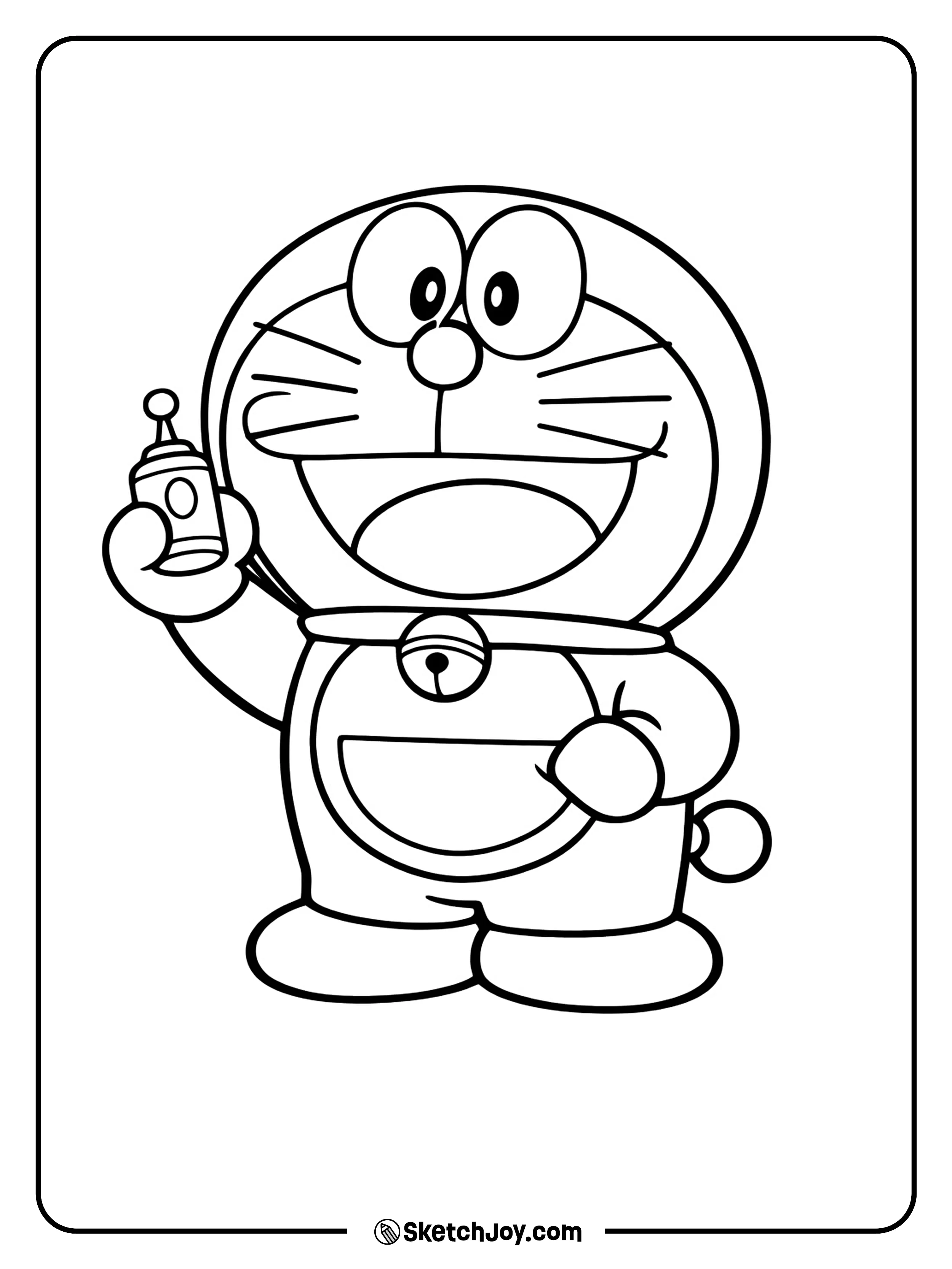 Doraemon looks proud as a small gadget pops from his pocket.