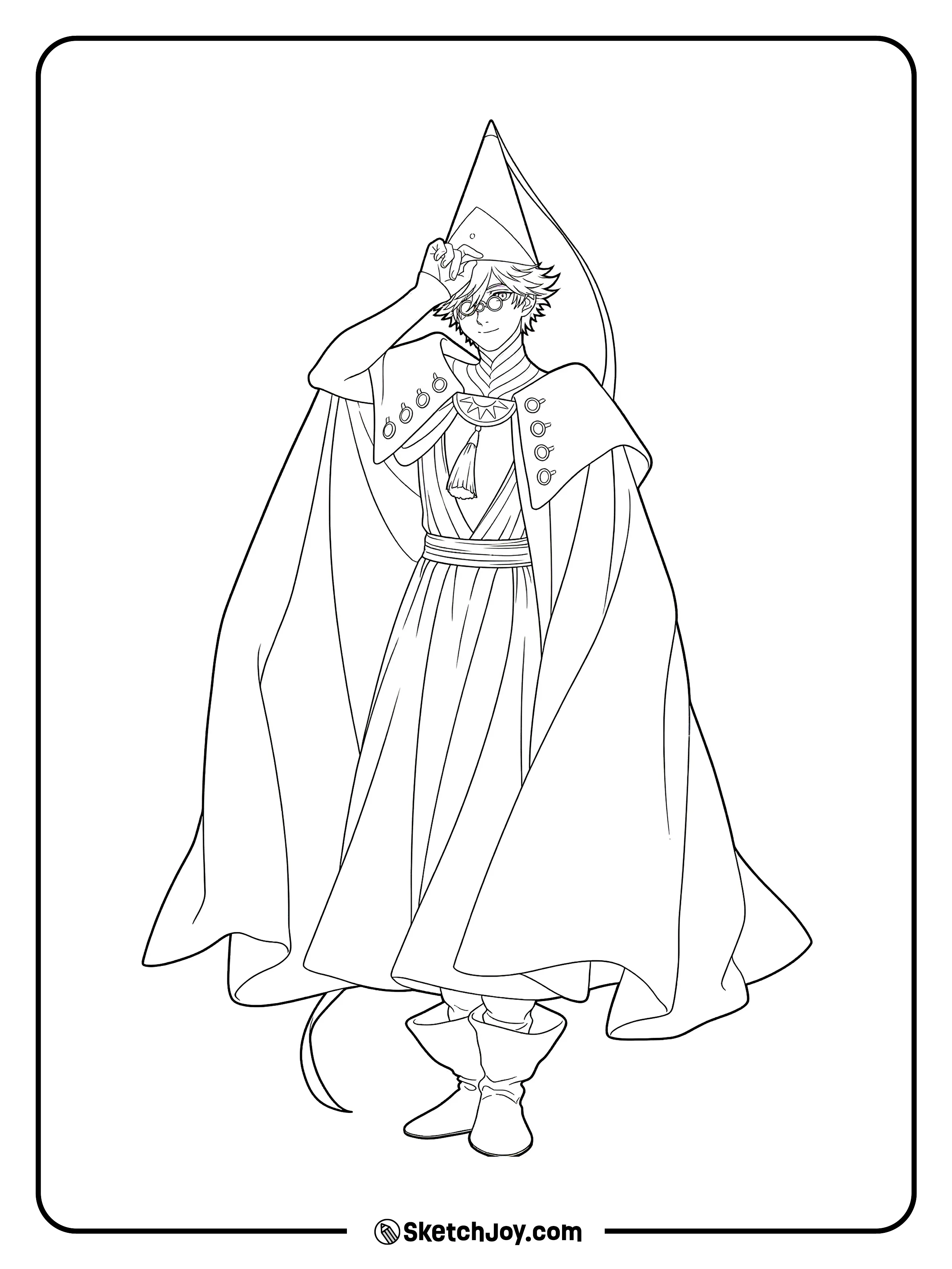 Qifrey stands in his long robe and lightly holds the brim of his pointed hat.