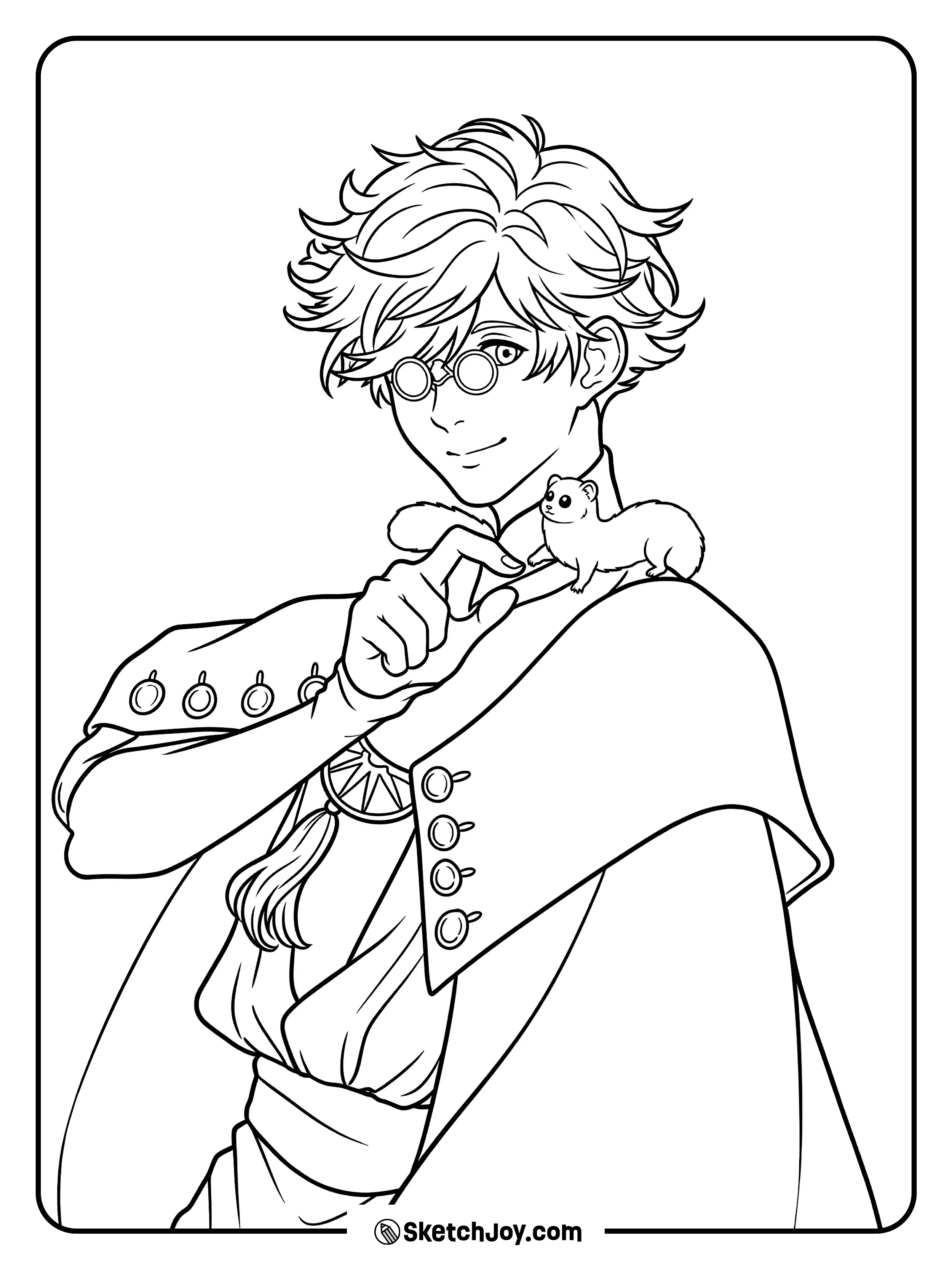 Qifrey smiles softly as a tiny fluffy creature rests on his hand.