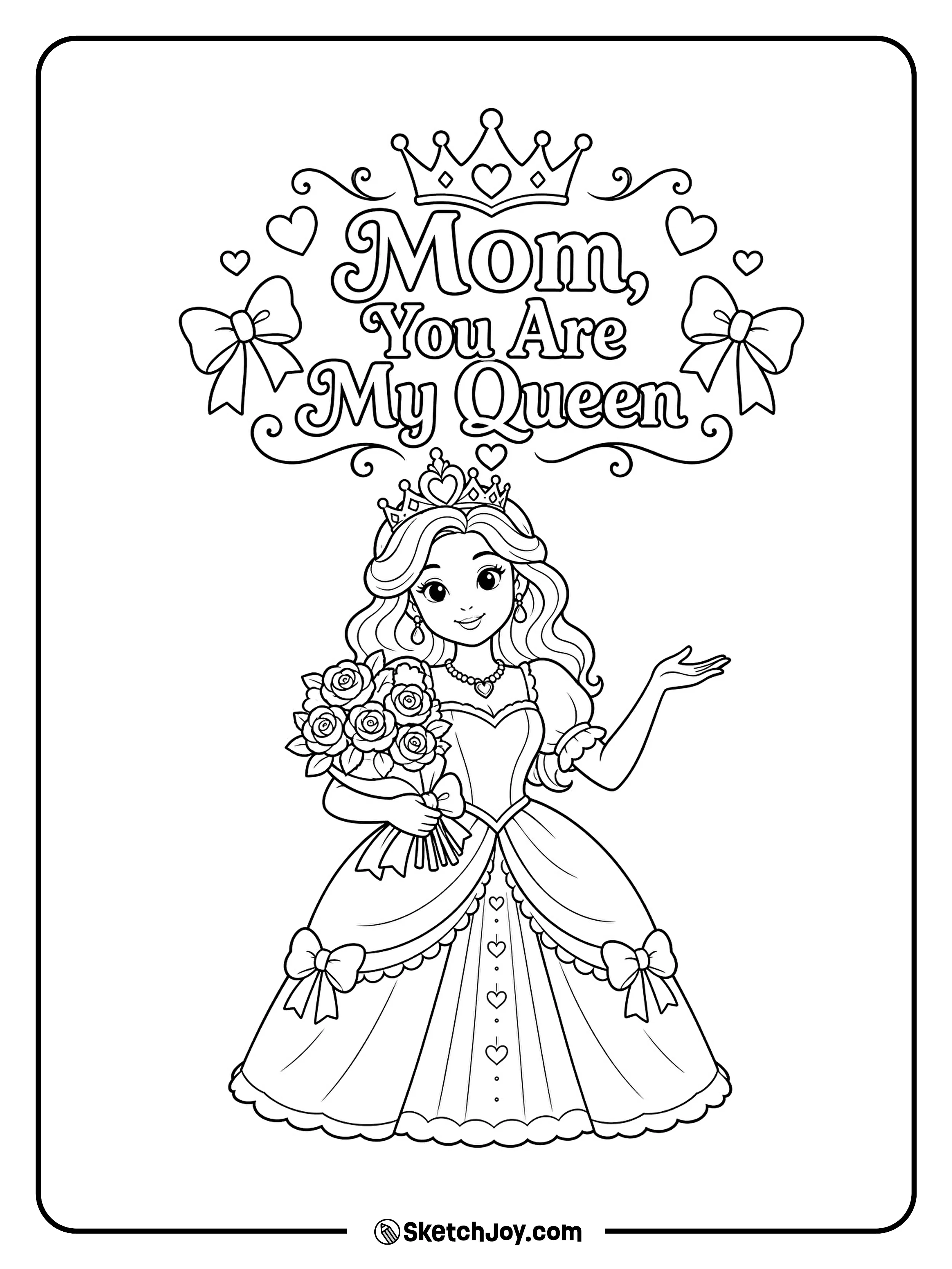 A royal mom stands tall with her crown and a warm smile.