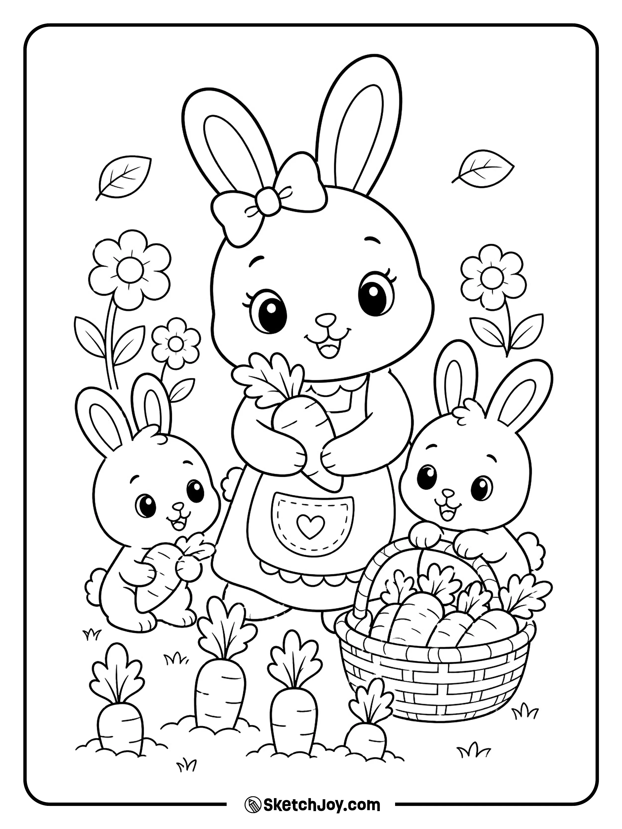 A rabbit mom and her little ones play near carrots and flowers.