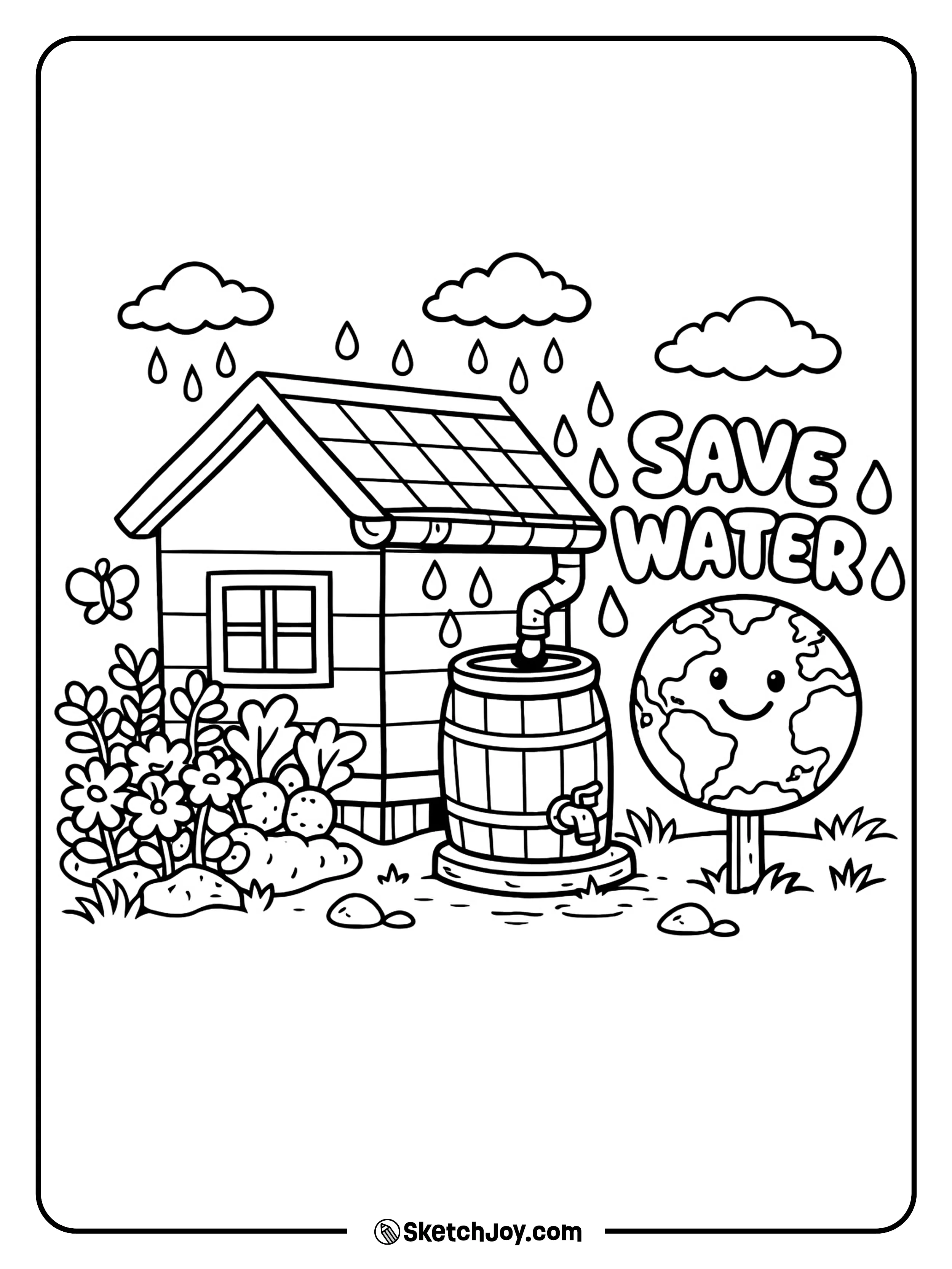 A house collects rain while plants grow beside it.