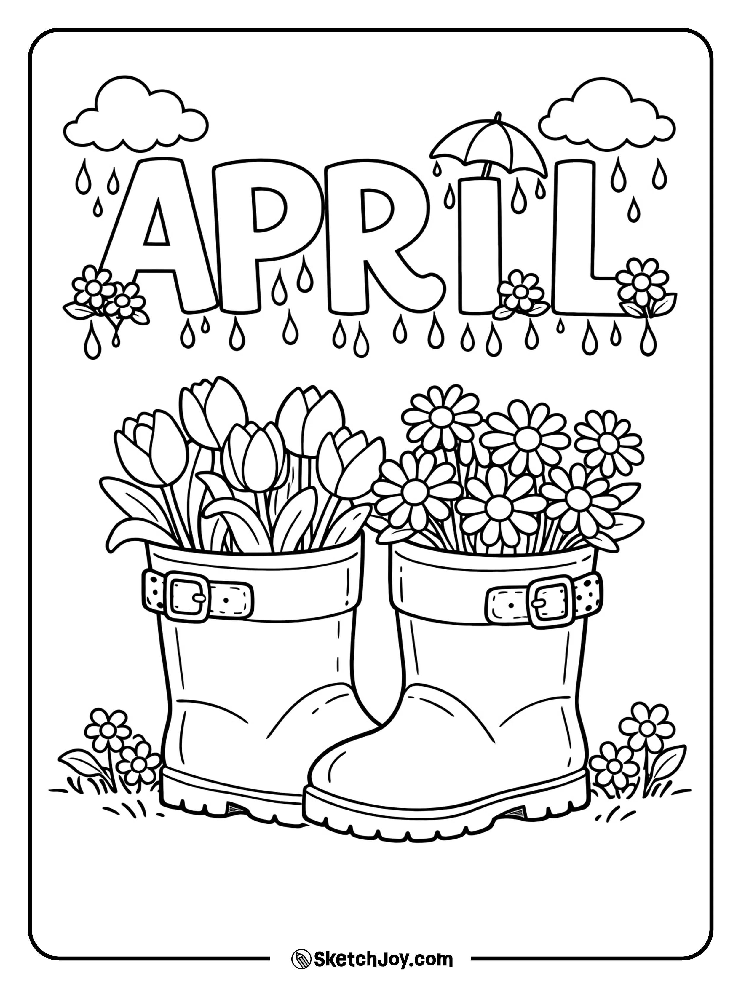 Big rain boots are filled with spring flowers under the word APRIL.
