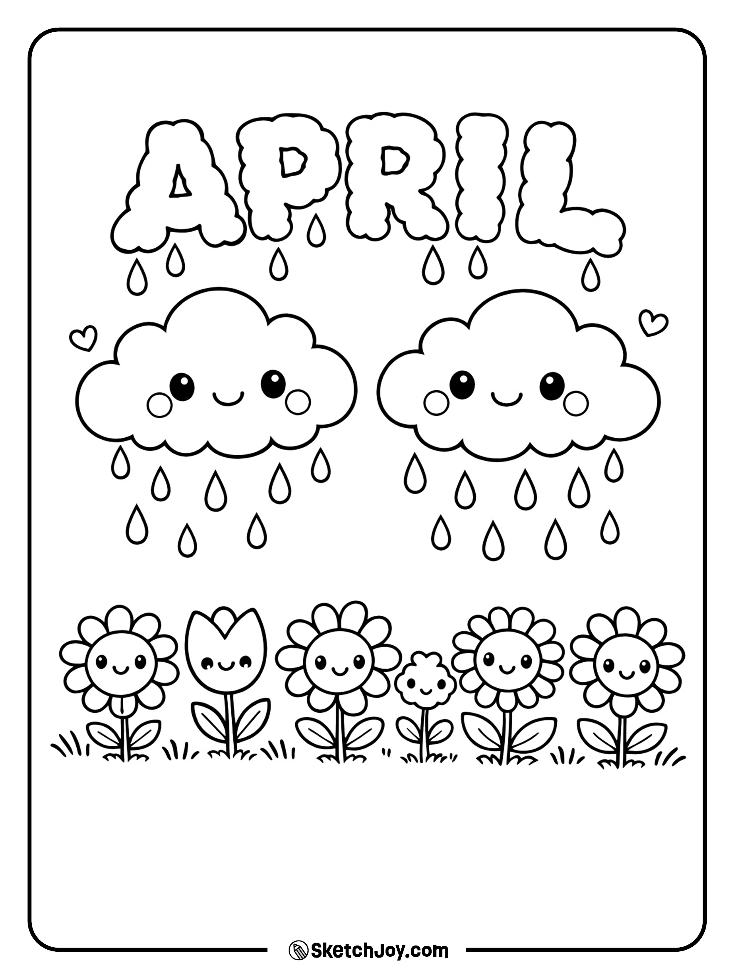 Friendly clouds rain over smiling flowers in a spring scene.