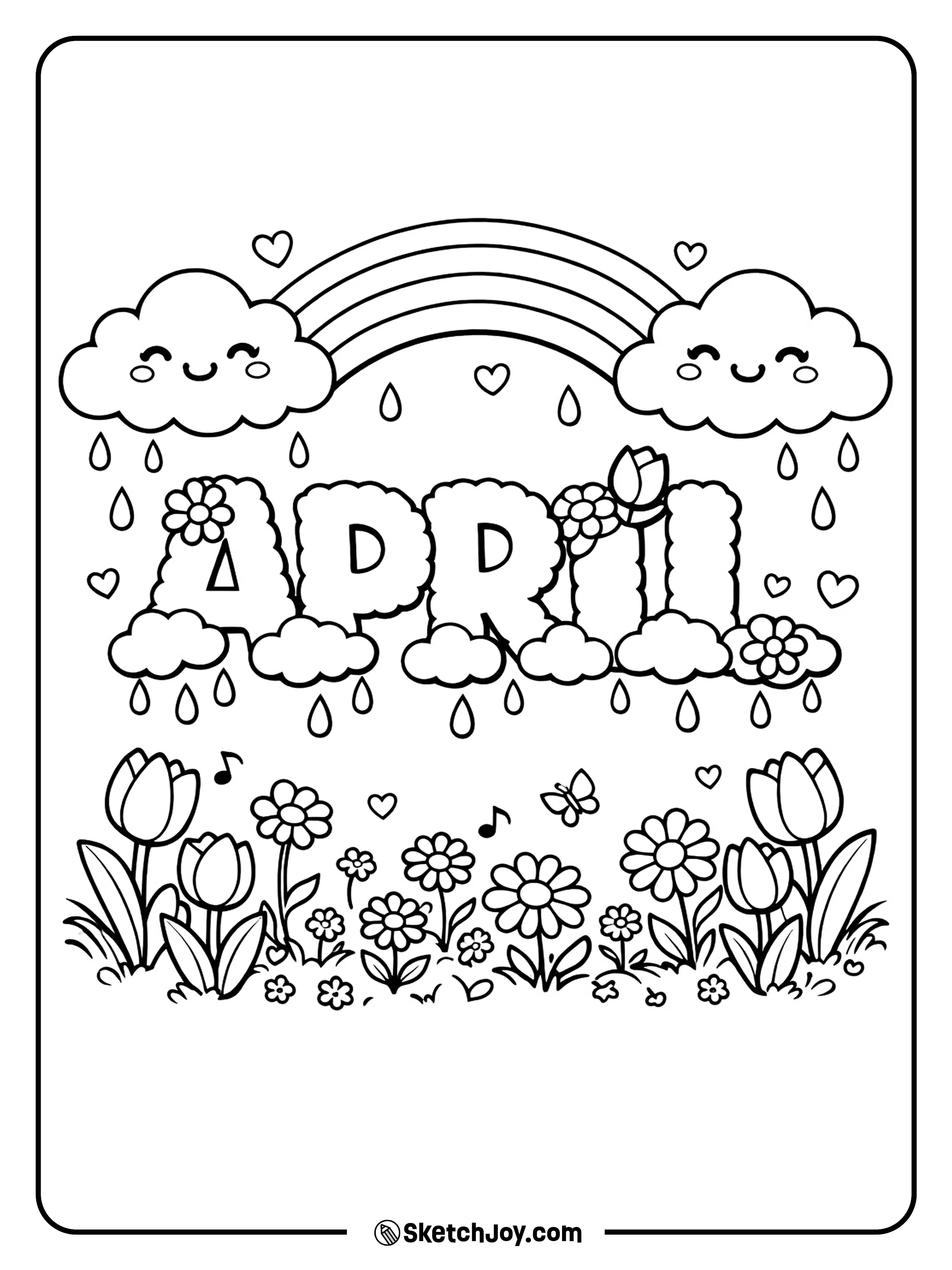 A rainbow arches over a field of spring flowers and smiling clouds.