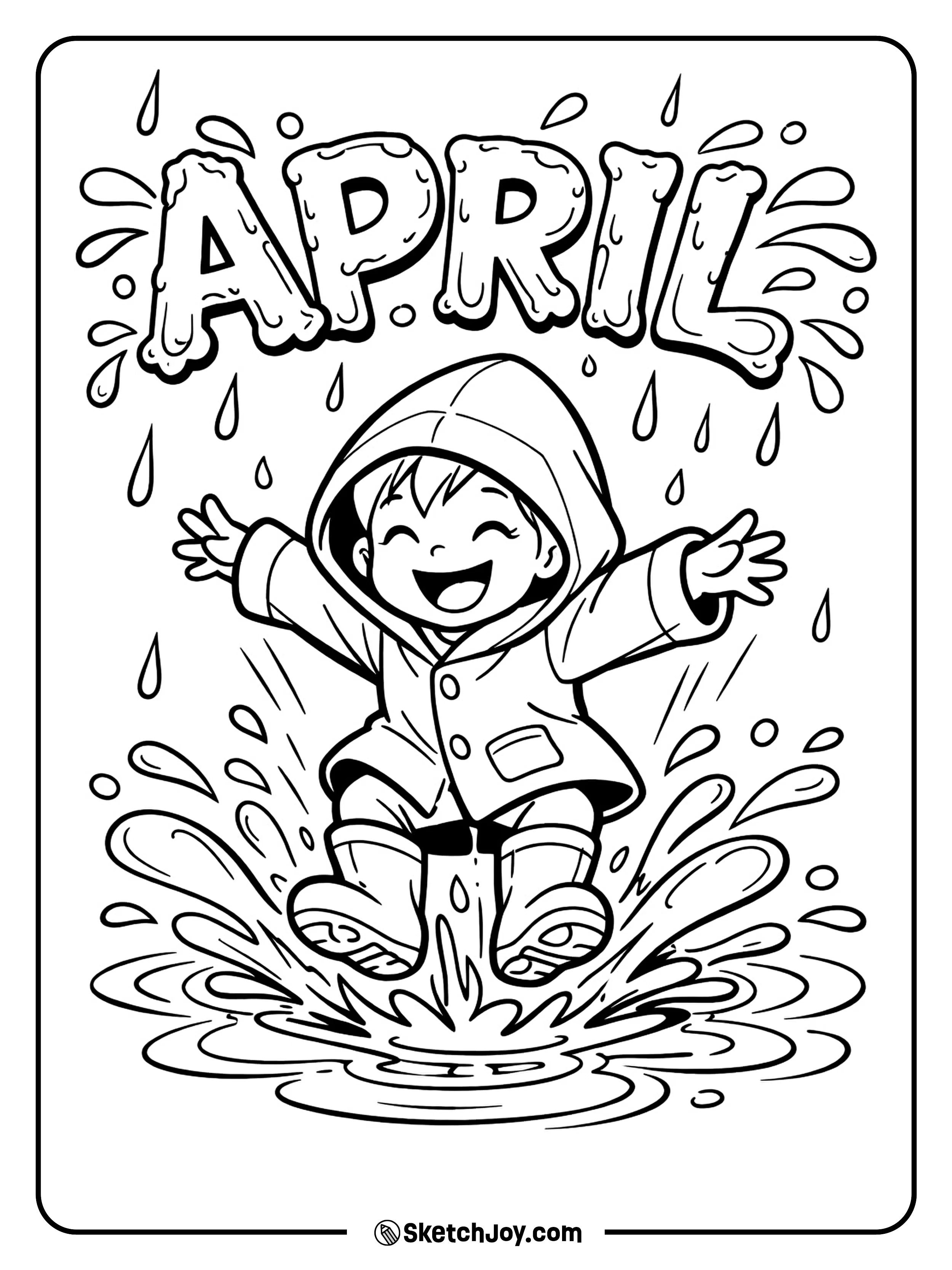 A child in a raincoat jumps into a puddle with joy.