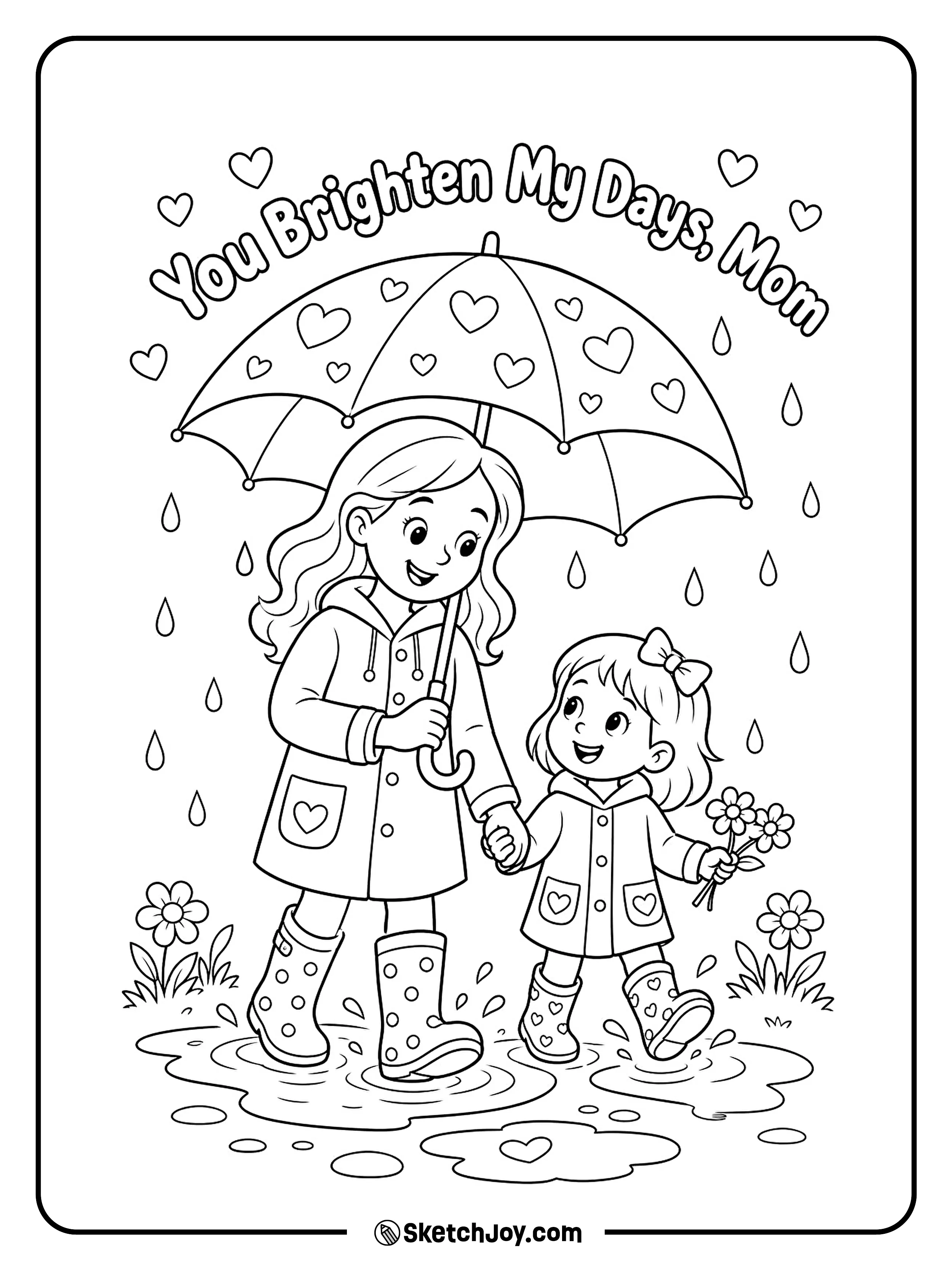 Mom and child walk together under one umbrella.