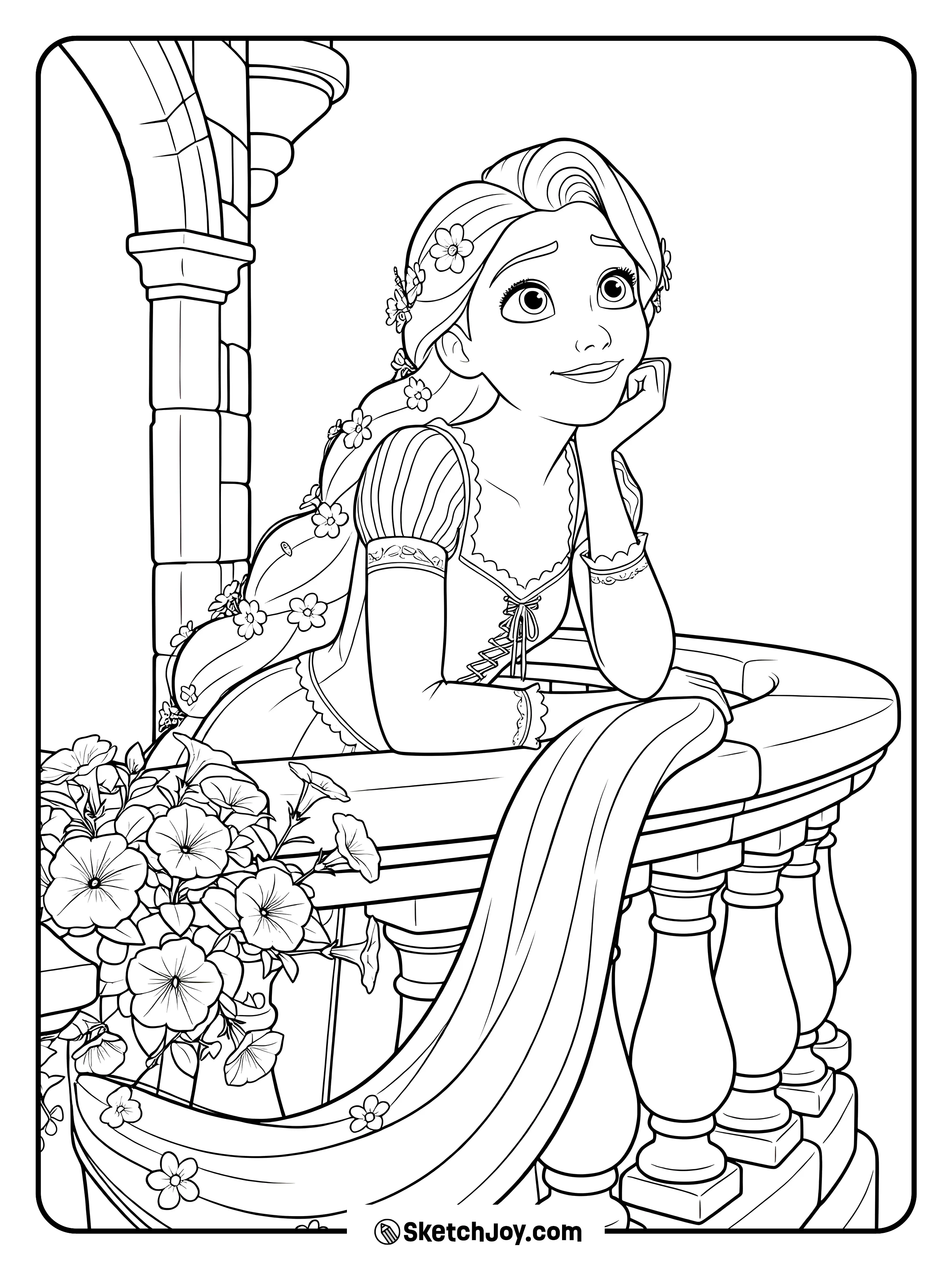 Rapunzel rests on her tower balcony with flowers in her hair and a soft smile.