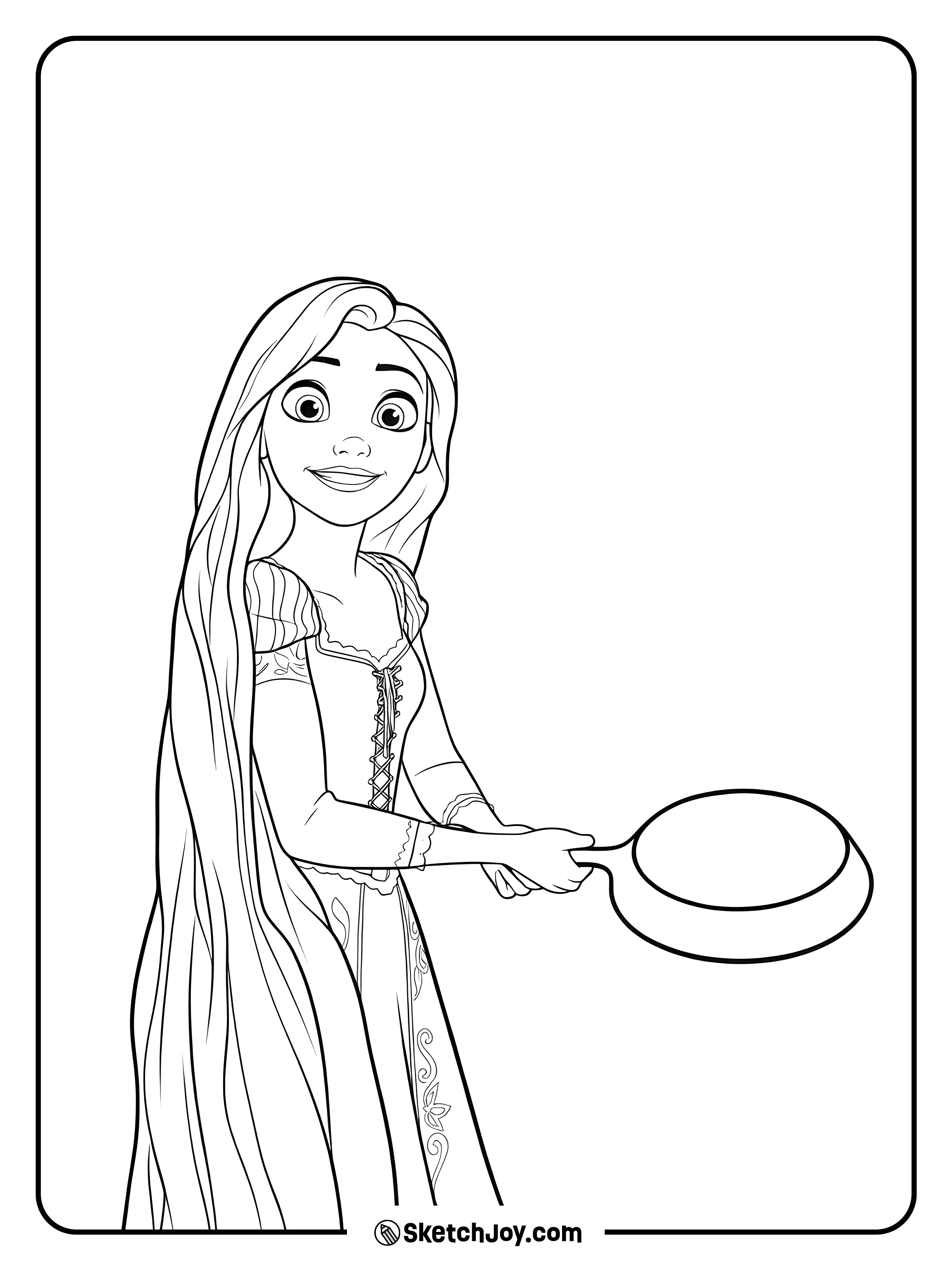 Rapunzel stands with a frying pan and a bright smile on her face.