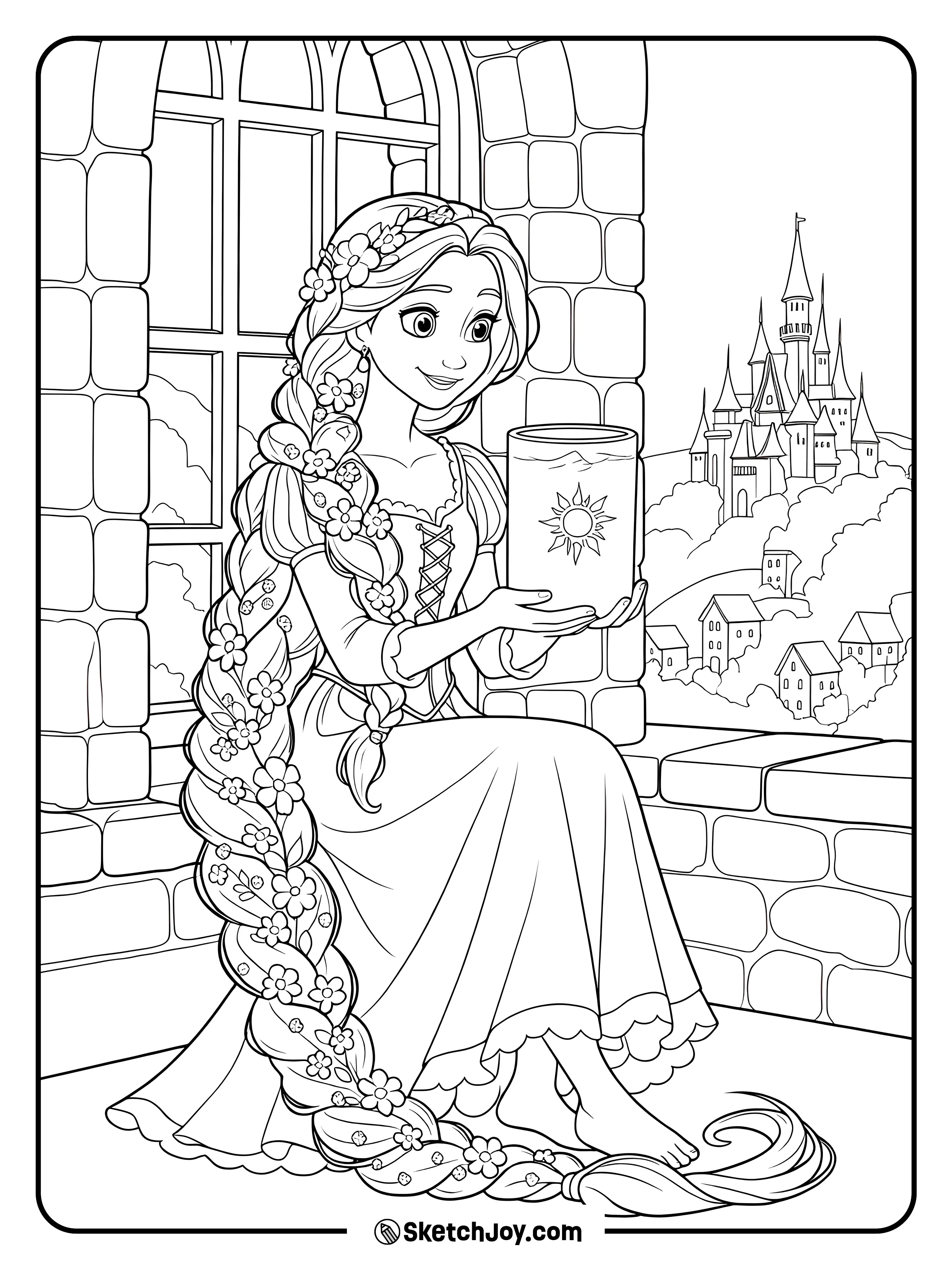 Rapunzel sits by the window and holds a book with the royal sun mark.