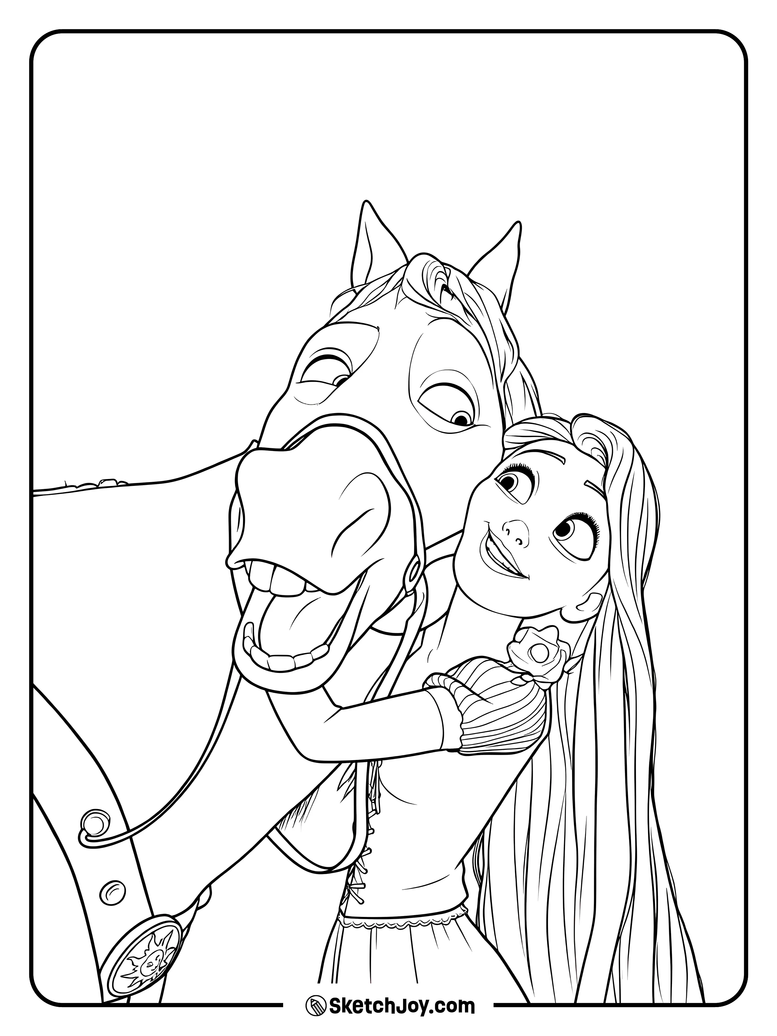 Rapunzel hugs Maximus close while both share a happy and playful moment.