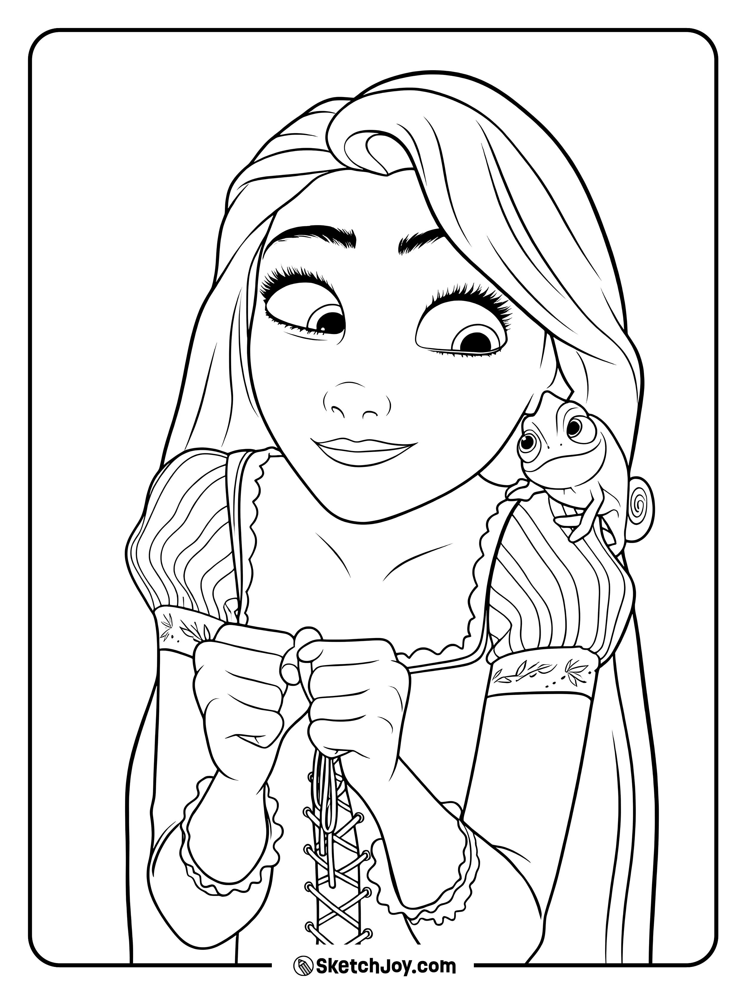 Rapunzel smiles and looks toward Pascal in this cute close-up scene.