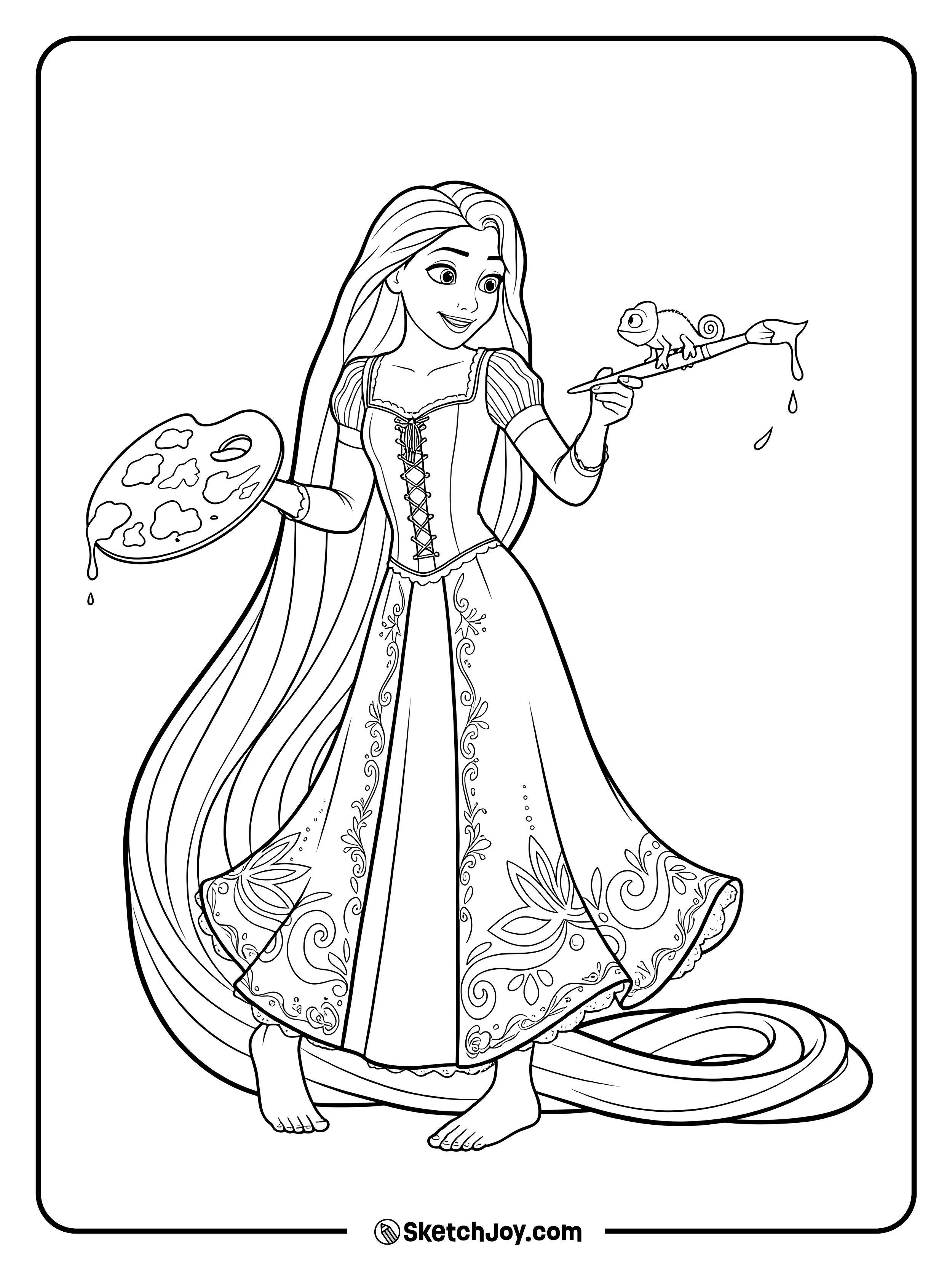 Rapunzel paints with Pascal perched on her brush in a cute art scene.