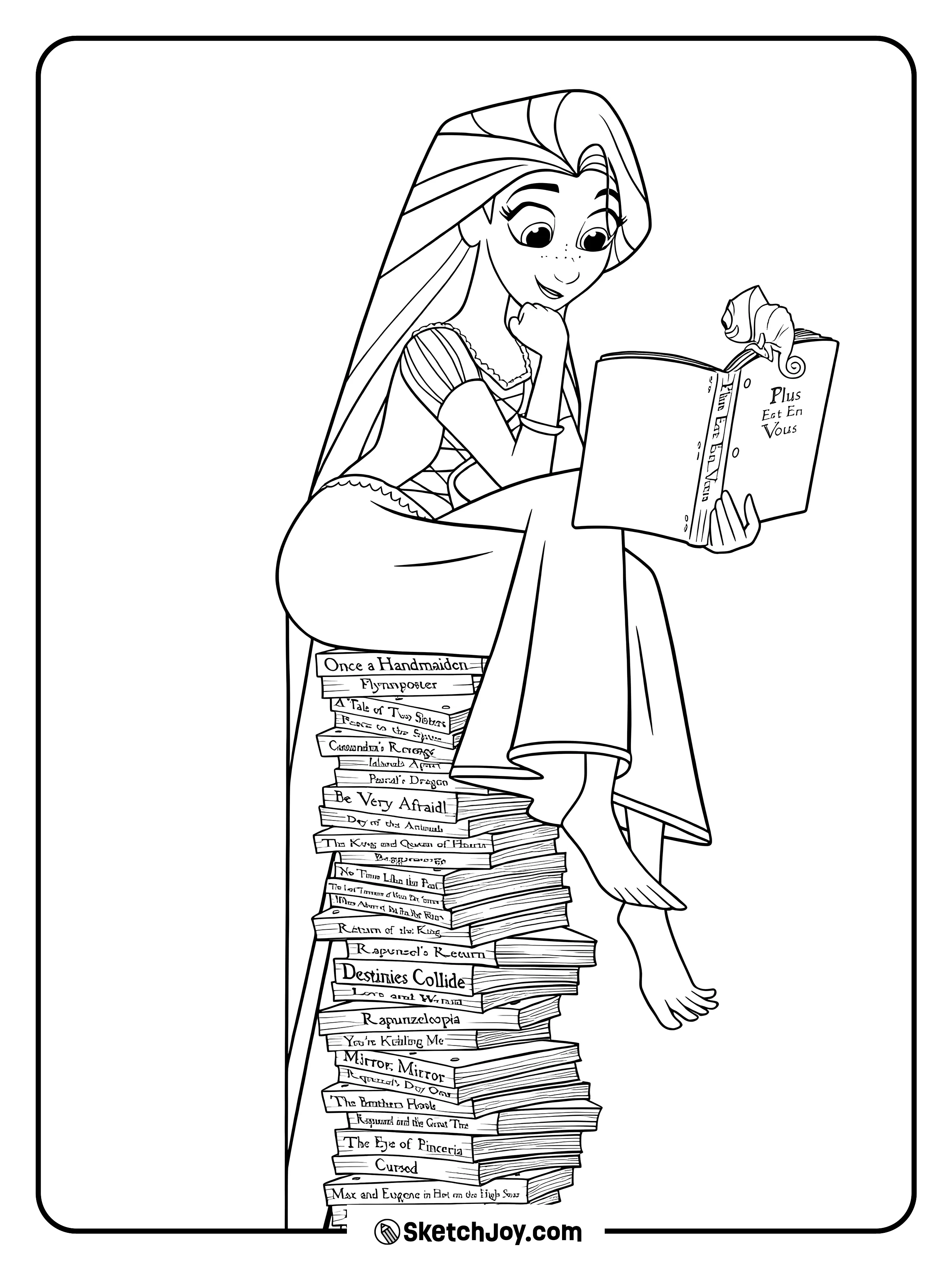 Rapunzel sits on a tall stack of books and reads with Pascal nearby.