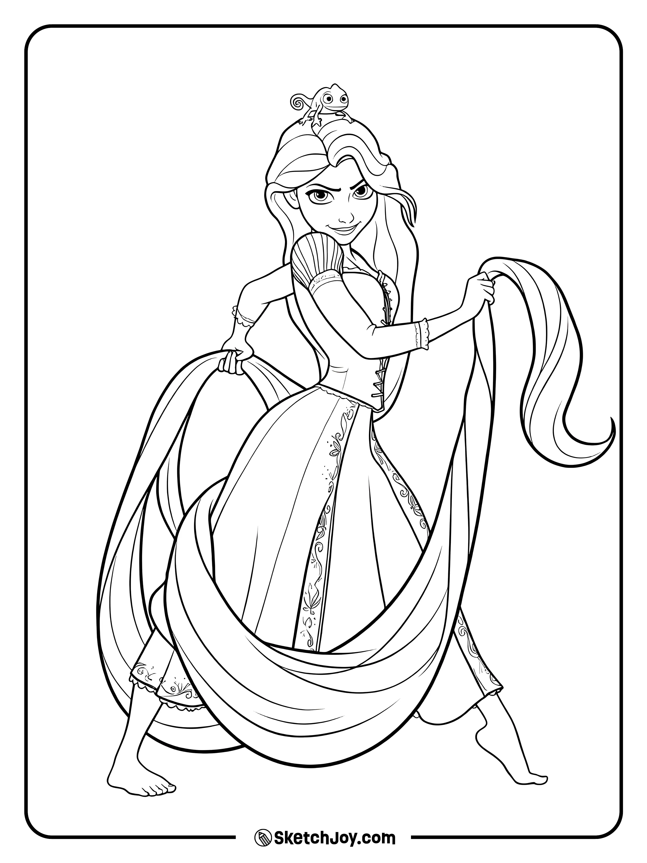 Rapunzel stands strong with Pascal on her head and her long hair in her hands.