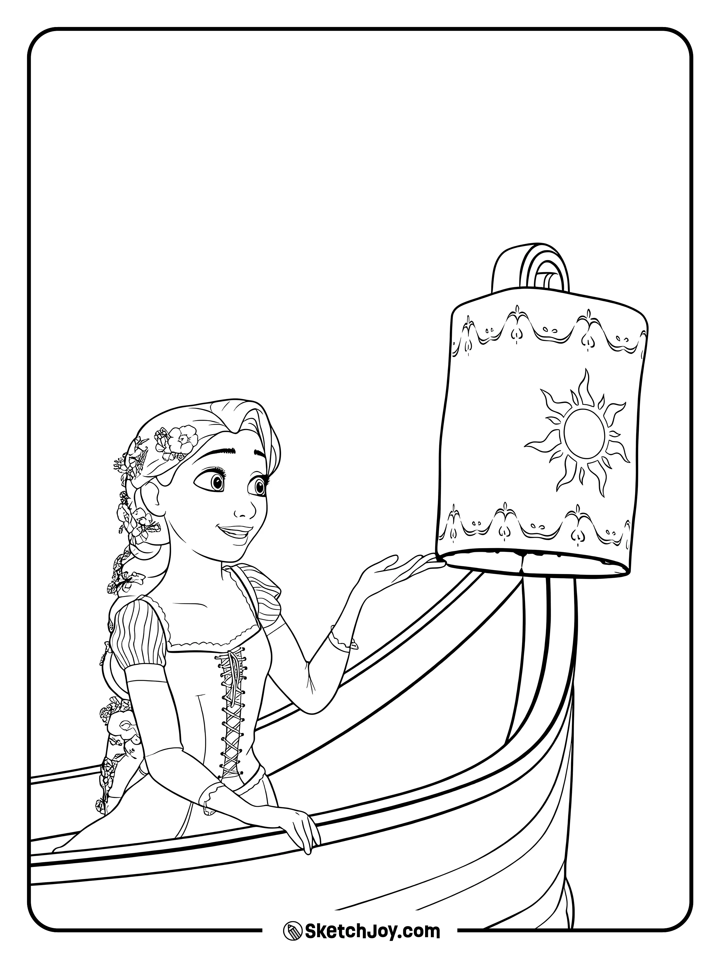 Rapunzel smiles as she lifts a lantern into the air from a boat.