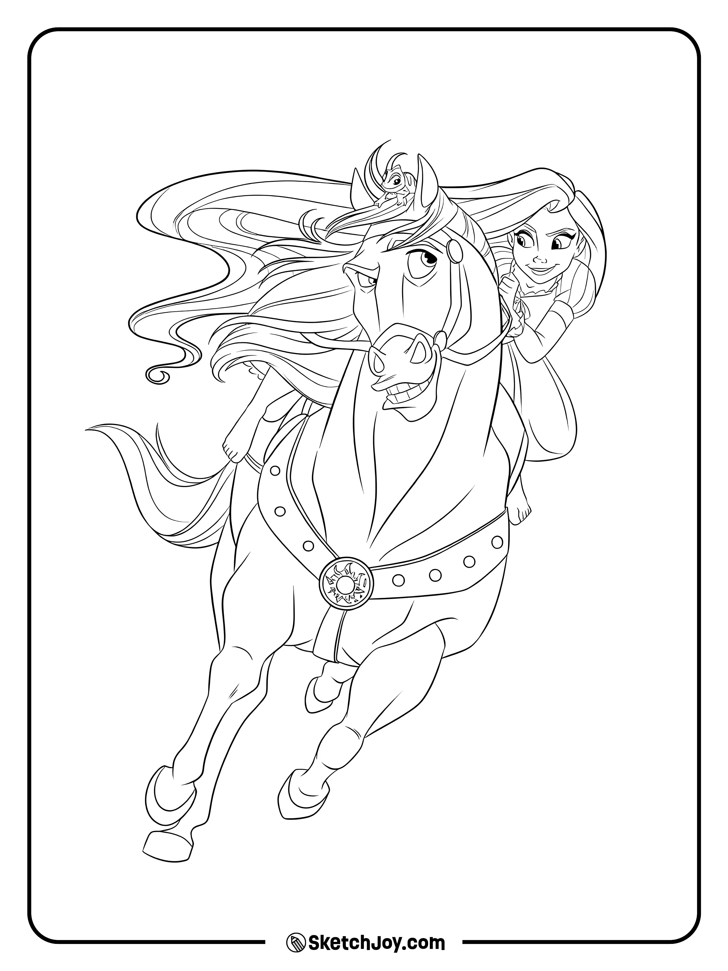 Rapunzel rides Maximus fast while Pascal sits on top with a brave look.