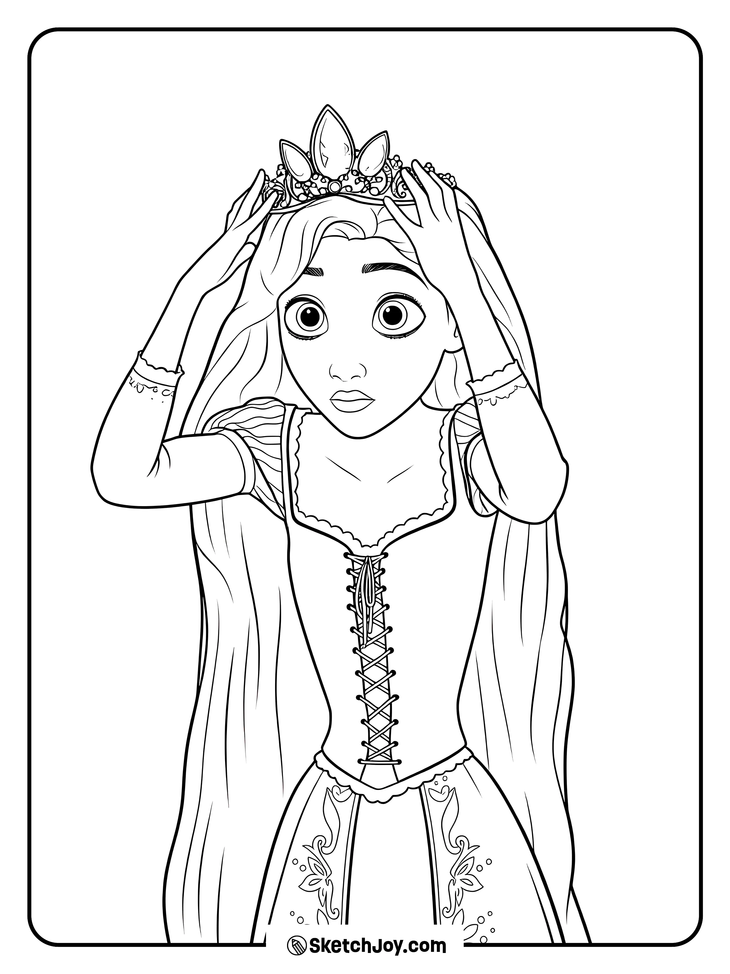 Rapunzel looks surprised as she places a crown on her head.