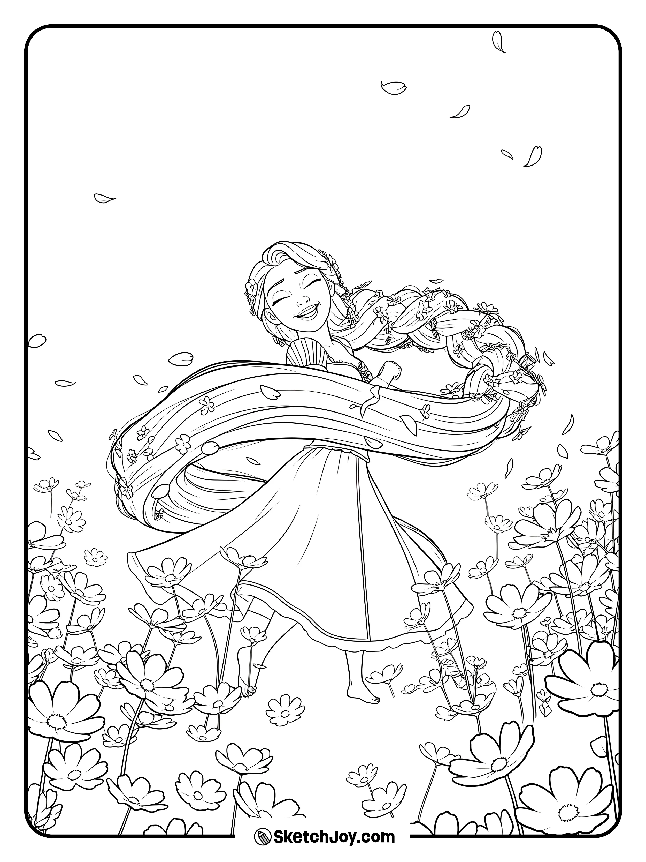 Rapunzel spins with joy in a field full of flowers and flying petals.