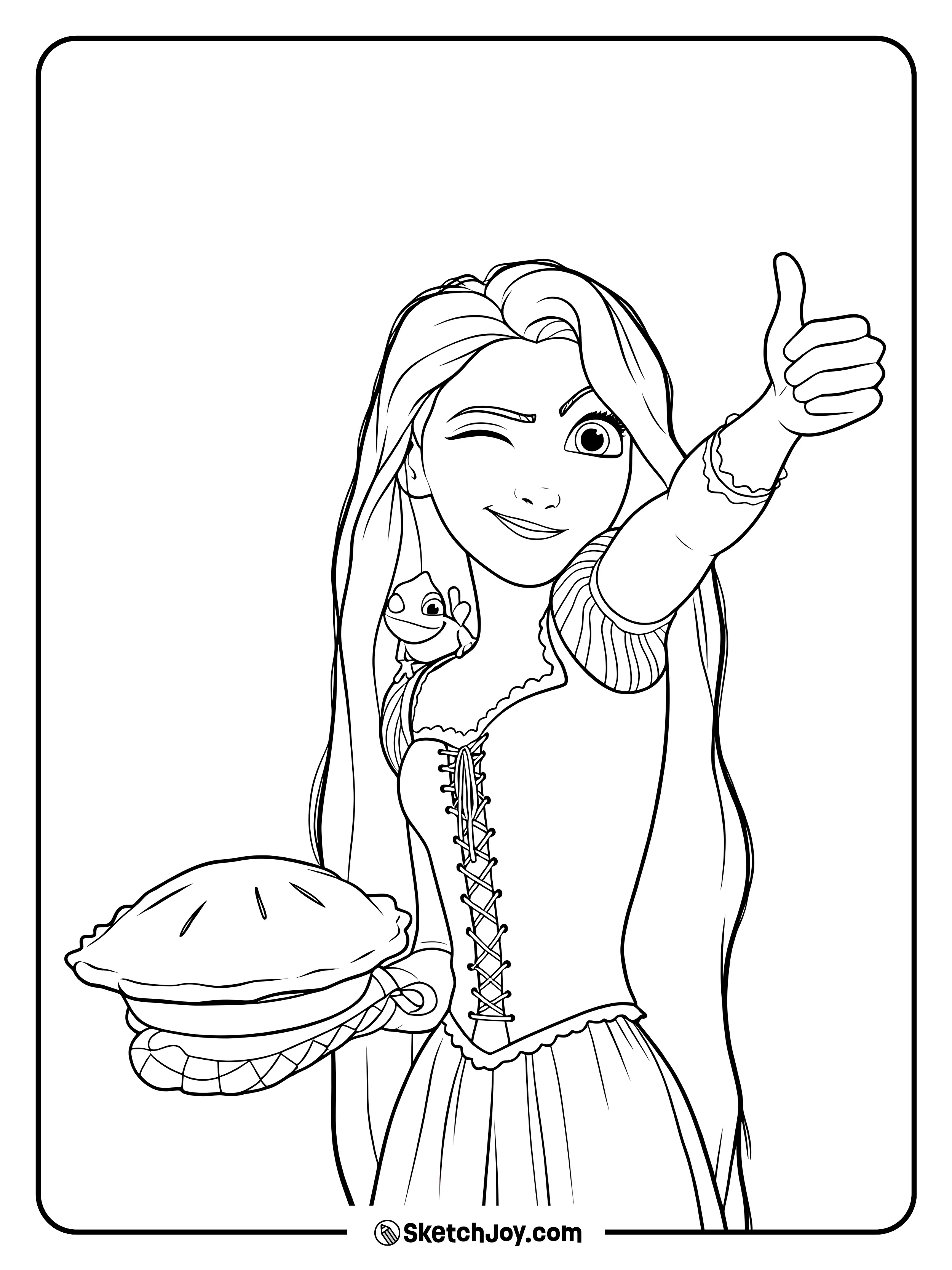 Rapunzel gives a big thumbs up while holding a fresh pie with Pascal on her shoulder.
