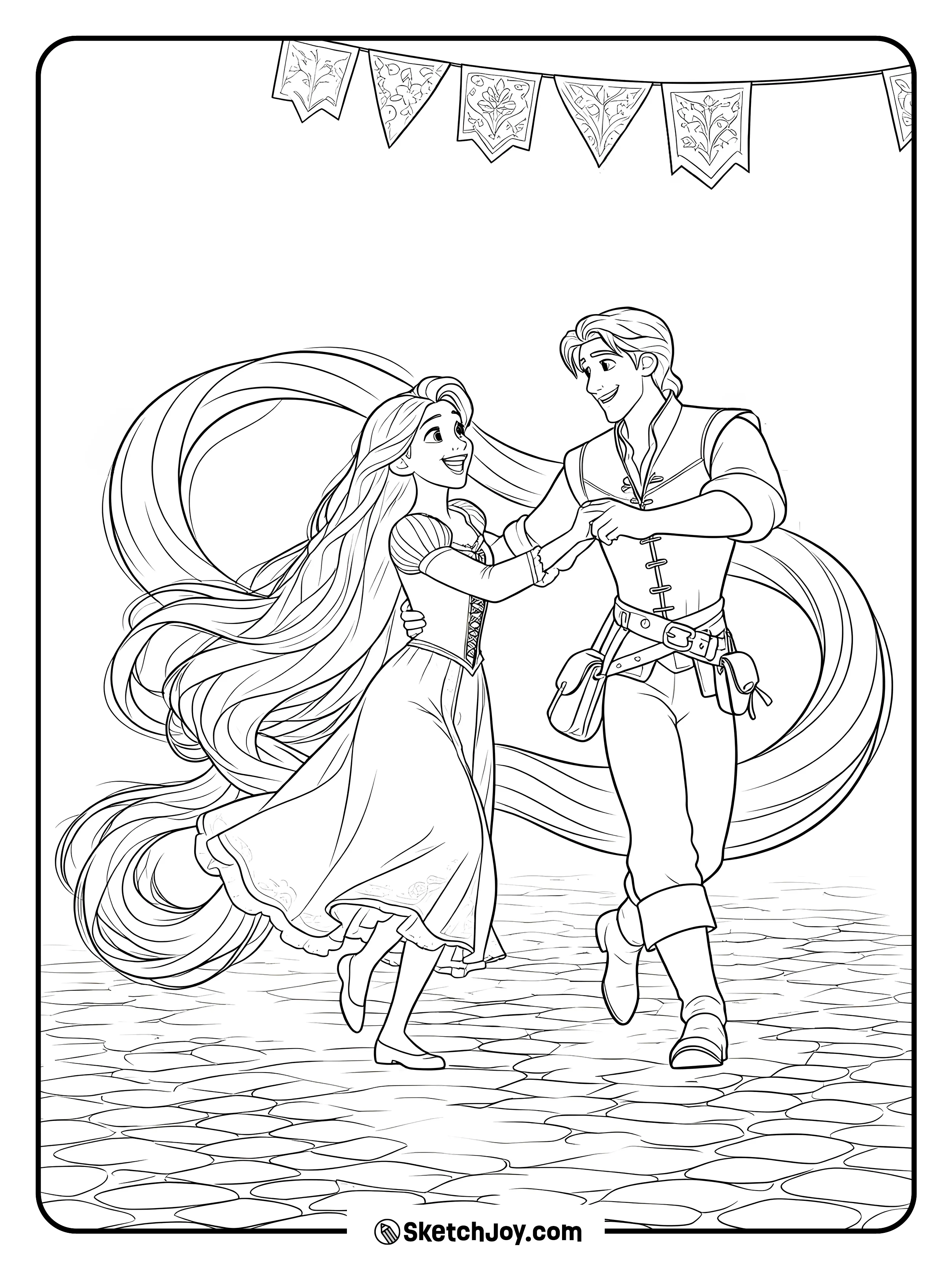 Rapunzel and Flynn dance together with happy smiles and flowing hair.