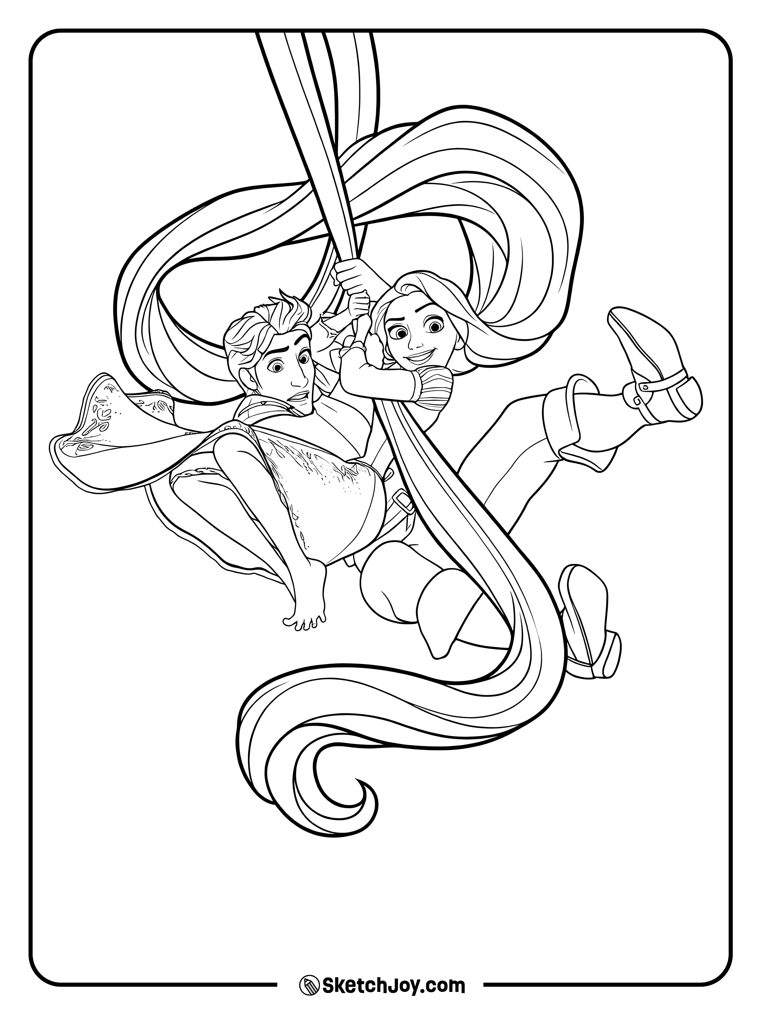 Rapunzel and Flynn hold on tight as they swing through the air on her long hair.