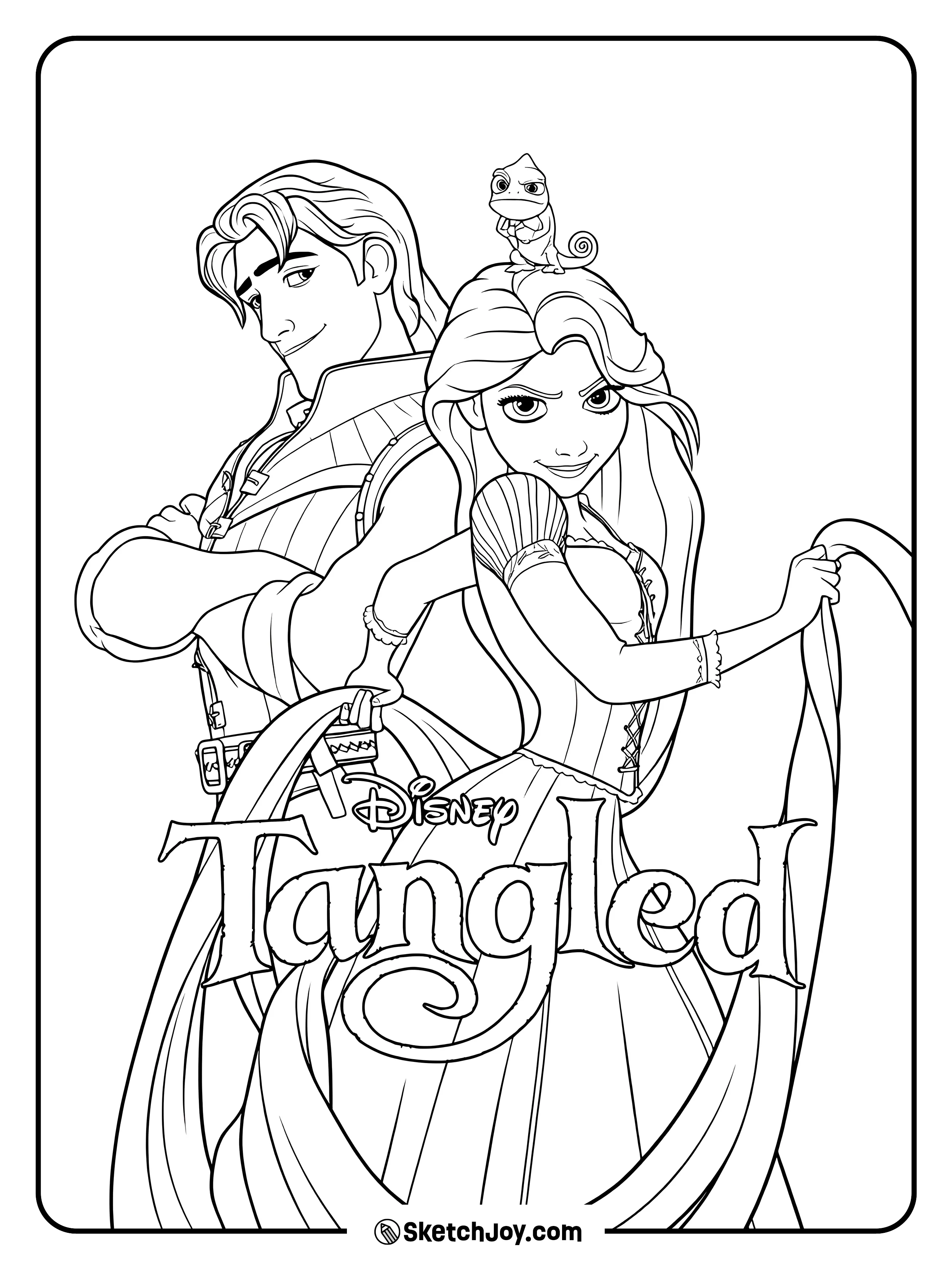 Rapunzel and Flynn stand back to back with Pascal between them.