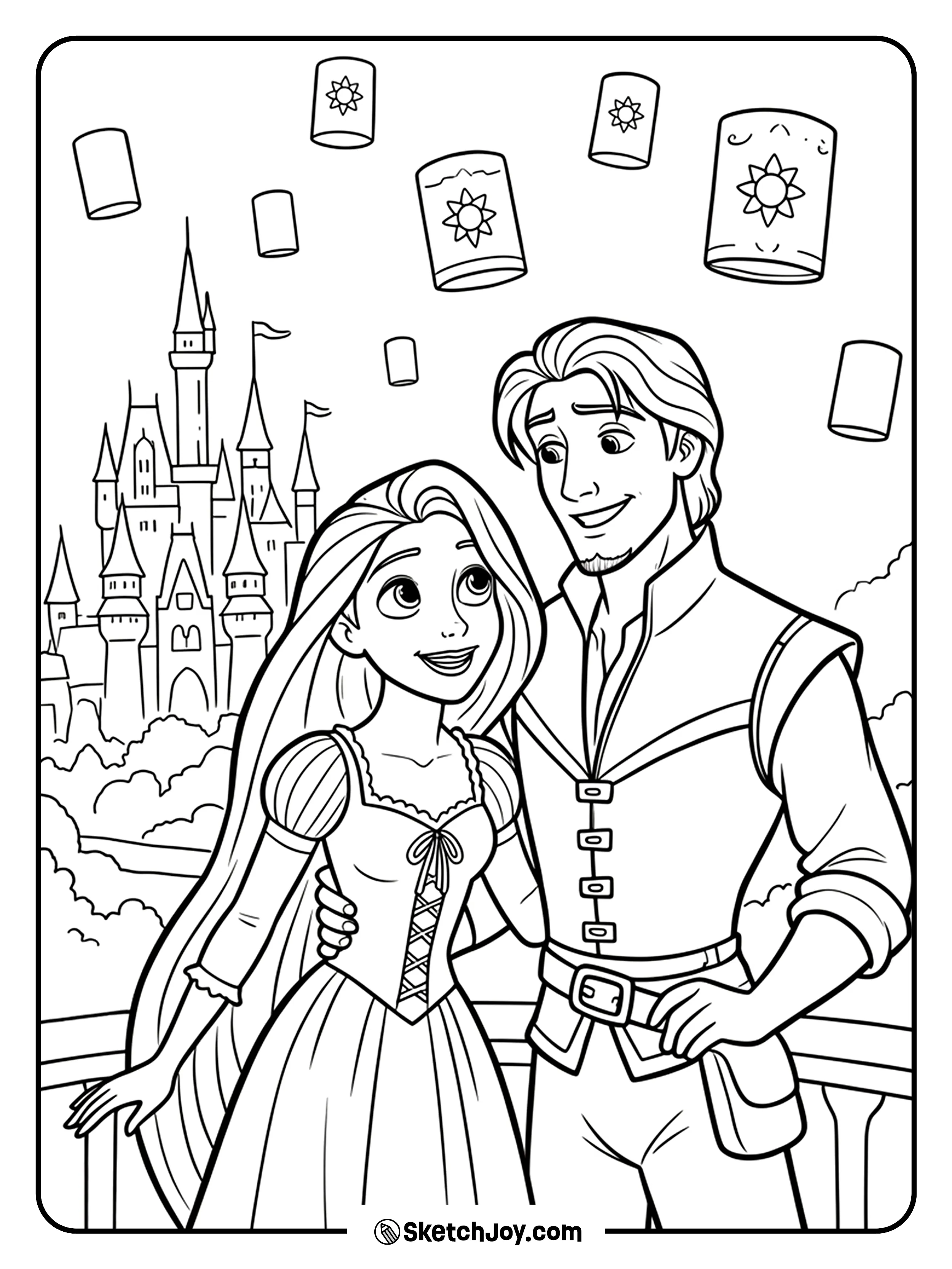 Rapunzel and Flynn stand close together as lanterns float above the castle.