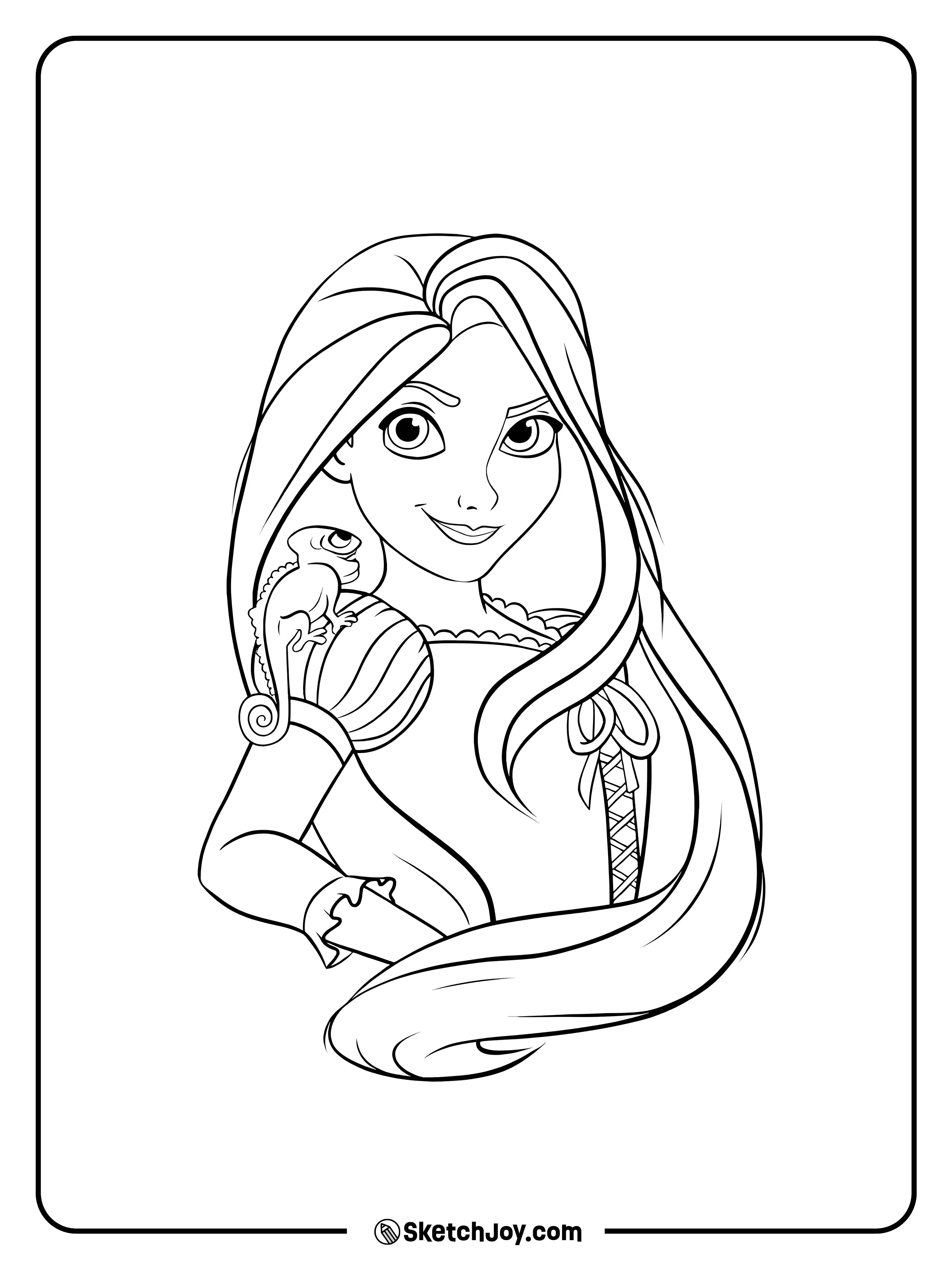 Rapunzel poses with Pascal on her shoulder and her long hair curling in front.
