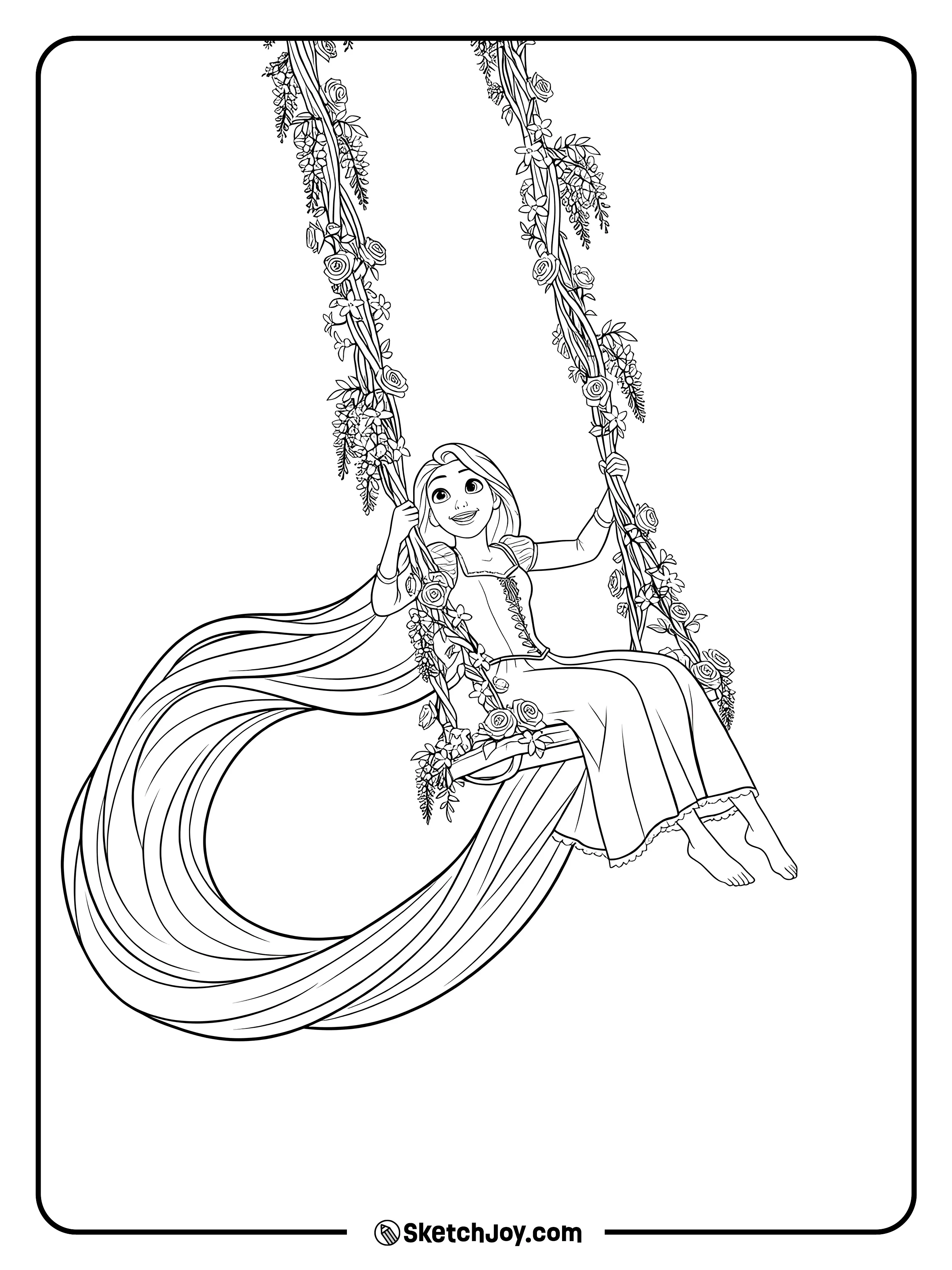 Rapunzel sits on a flower-covered swing as her long hair flows around her.